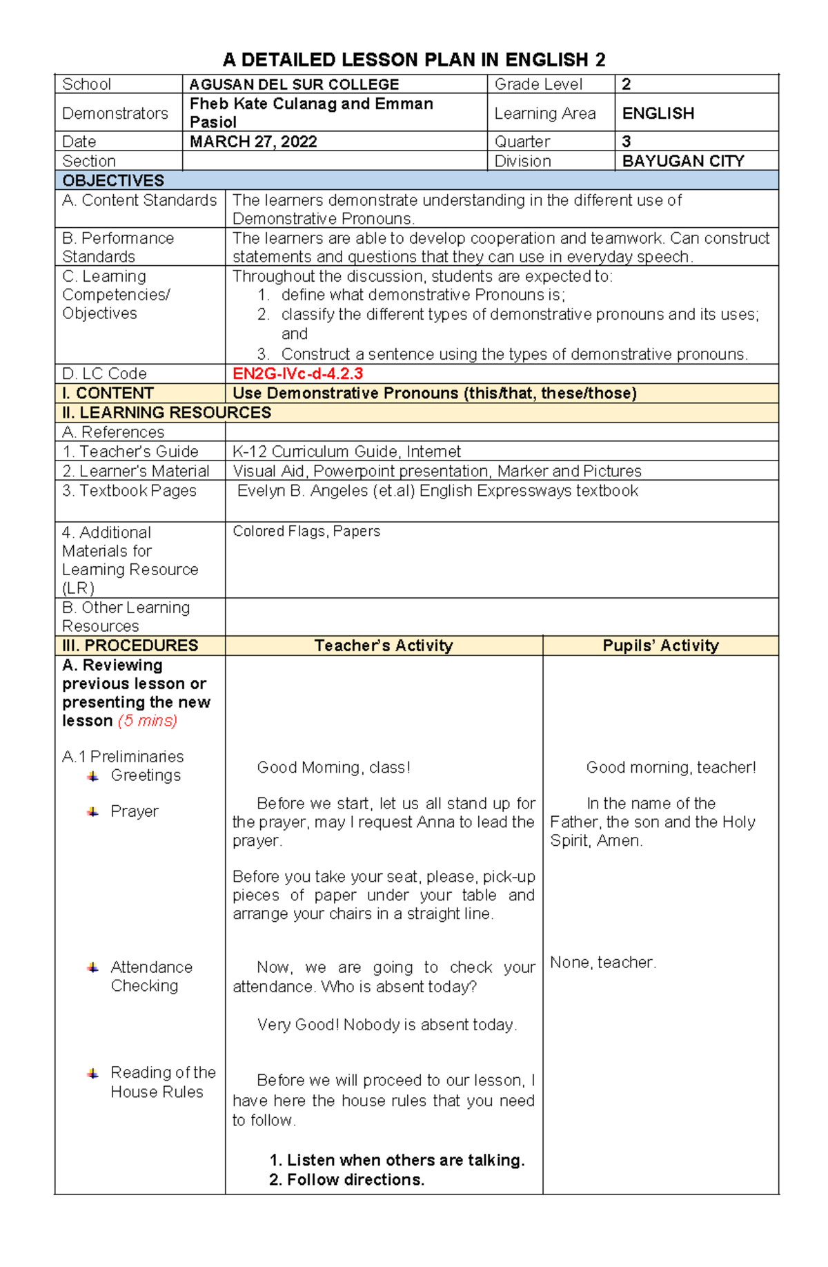 DLP-GRD2 - lesson plan - A DETAILED LESSON PLAN IN ENGLISH 2 School ...