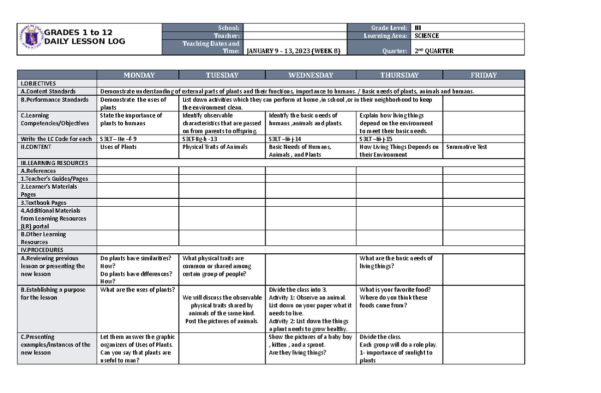 DLL Science 3 Q2 W8 - applicable for teachers - GRADES 1 to 12 DAILY ...