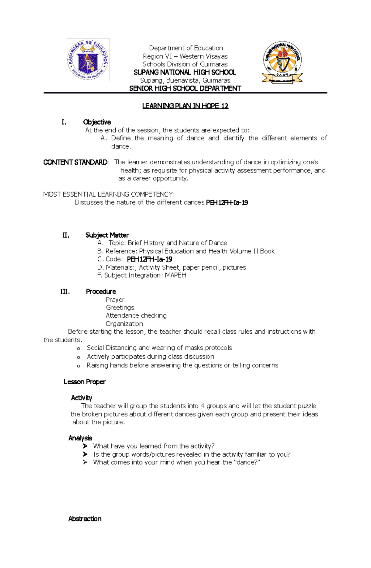 Lesson PLAN IN HOPE 12 - Department of Education Region VI – Western ...