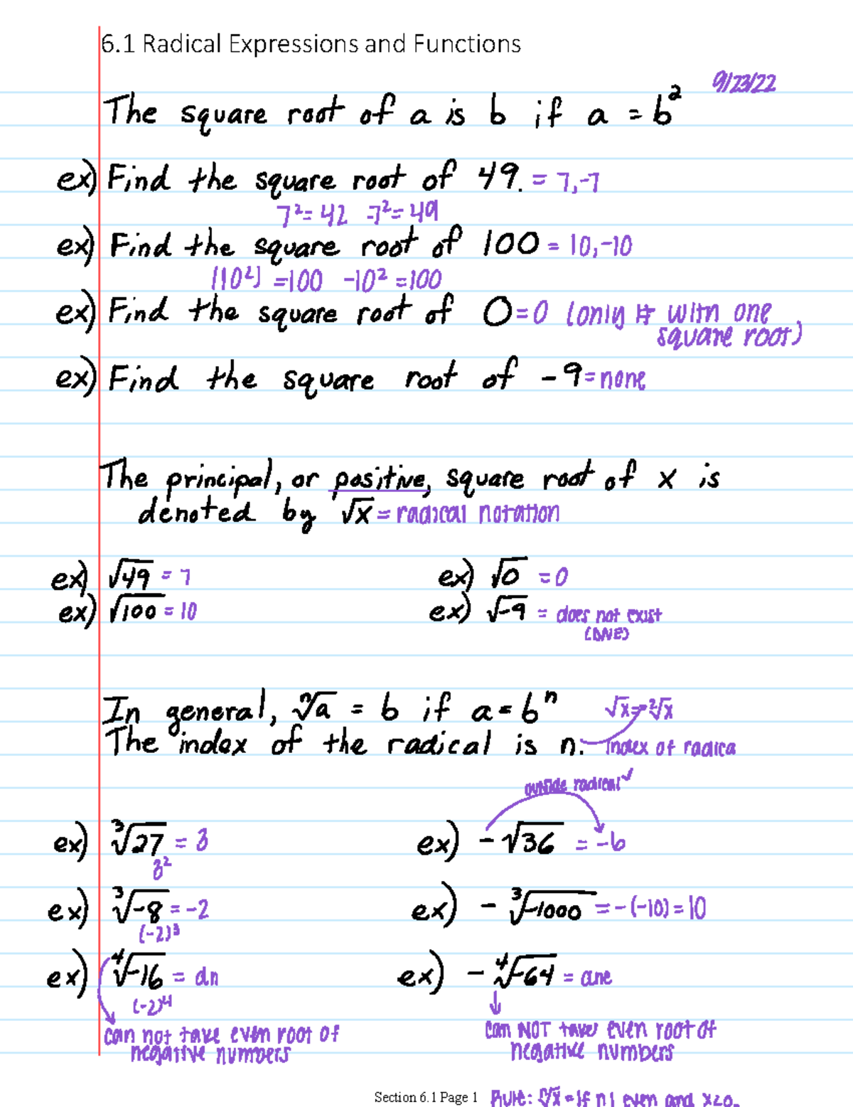 Section+6.1 Notes - 6 Radical Expressions and Functions Section 6 Page ...