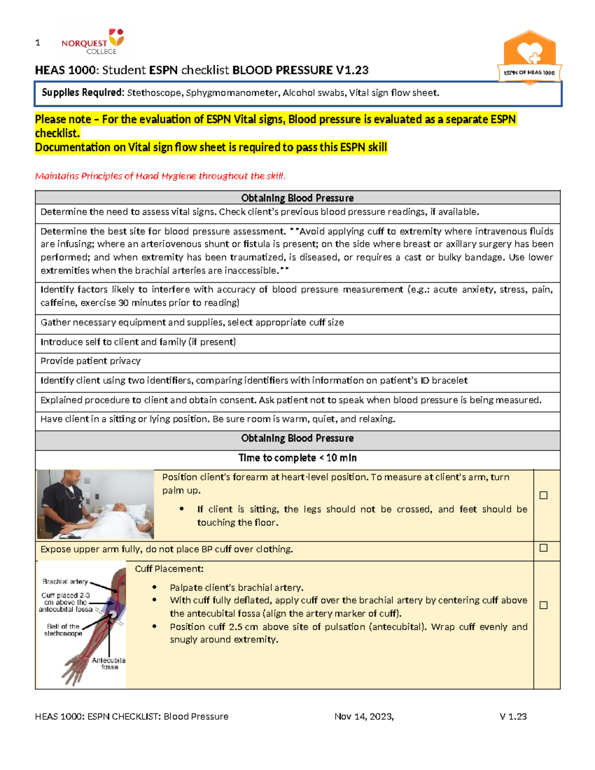 Student HEAS 1000 ESPN Blood Pressure SKill Checklist V1.23.2 - 1 HEAS ...