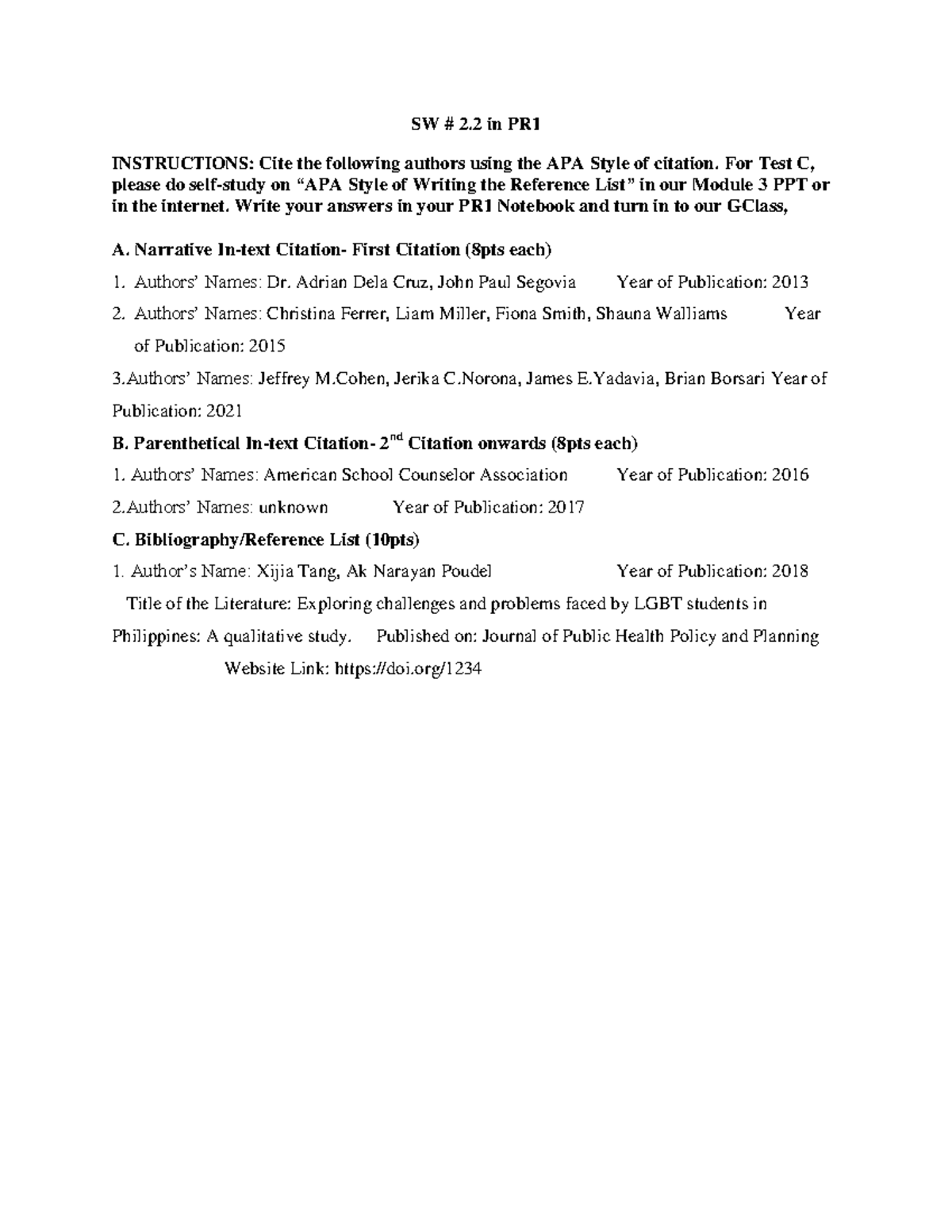 SW2 - SW # 2 in PR INSTRUCTIONS: Cite the following authors using the ...