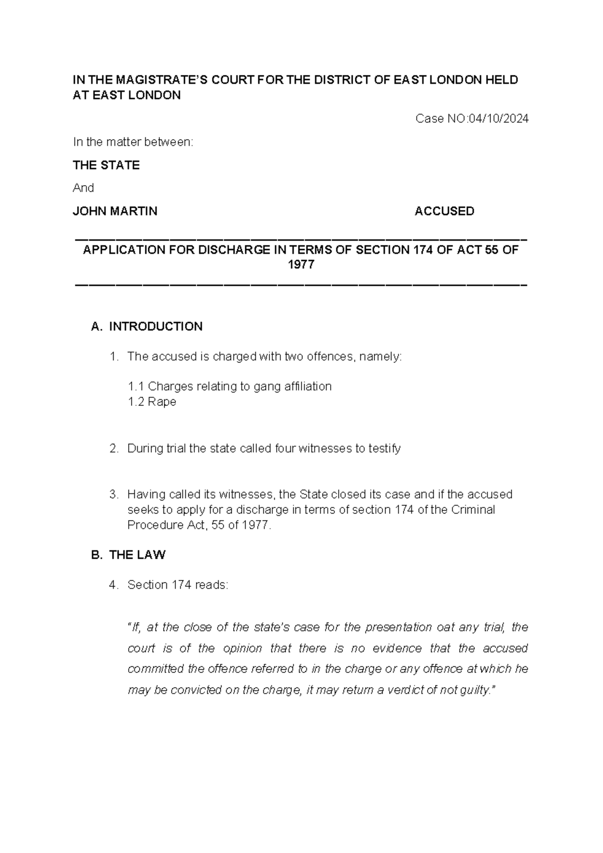 Criminal Procedure Assignment 2 - IN THE MAGISTRATE’S COURT FOR THE ...
