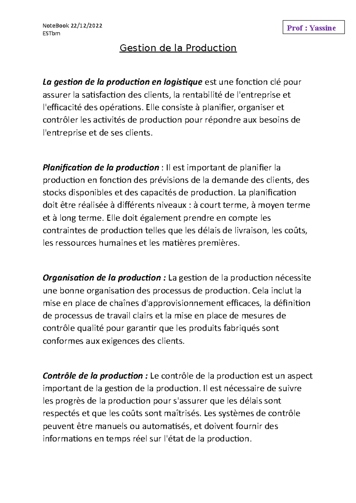 Gestion De La Production - Elle Consiste à Planifier, Organiser Et ...