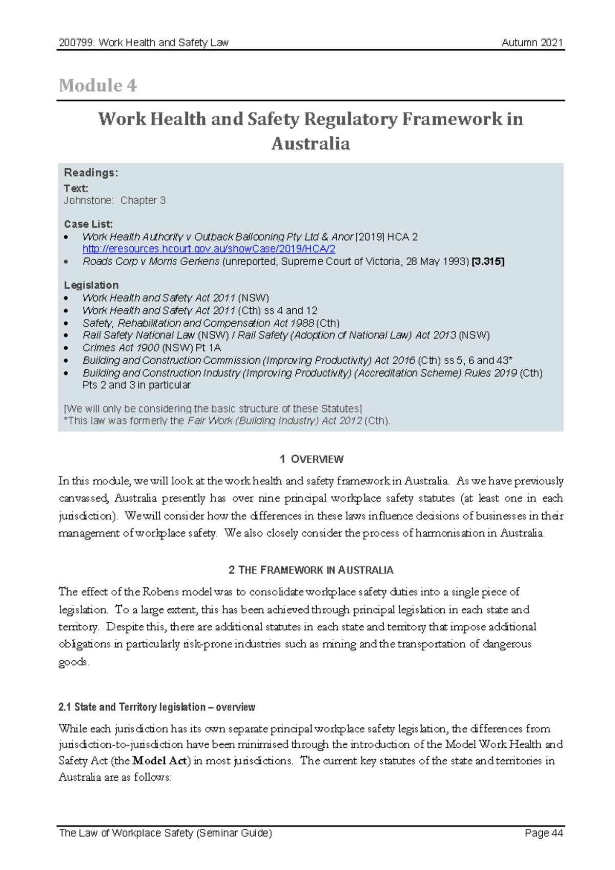 MOD 4 - module 4 - Module 4 Work Health and Safety Regulatory Framework ...