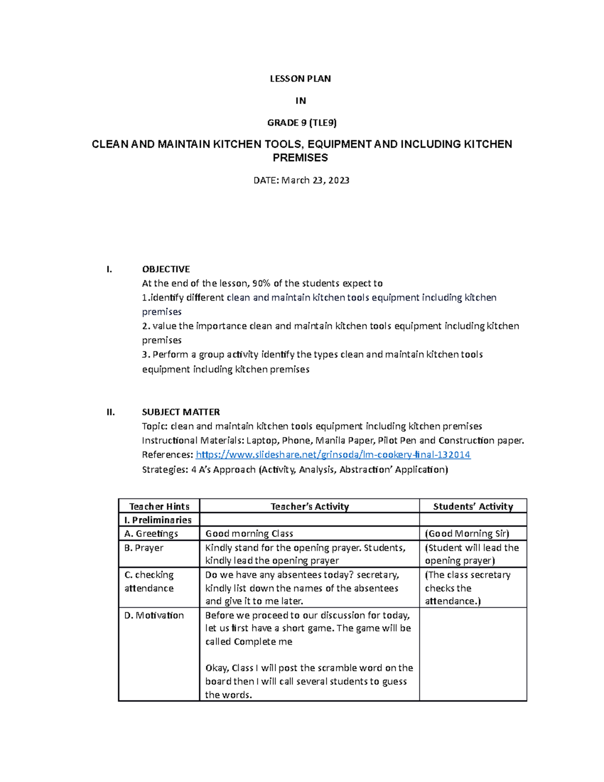 Lesson PLAN LESSON PLAN IN GRADE 9 (TLE9) CLEAN AND MAINTAIN KITCHEN