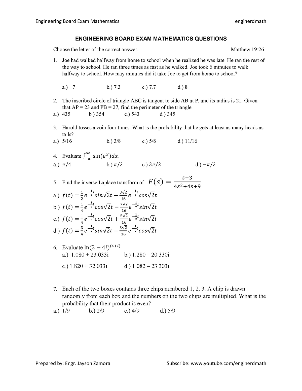 Engineering Board EXAM MATH - ENGINEERING BOARD EXAM MATHEMATICS ...