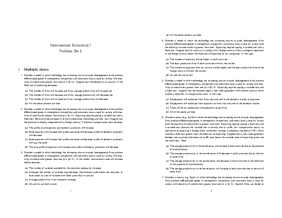 Ps 5 - PS5 - International Economics I Problem Set 5 1 Multiple choice ...