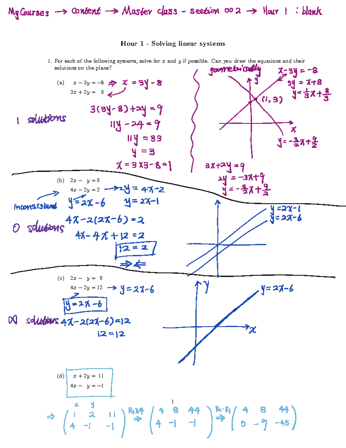 Intro to Lin Alg Notes first online lesson - Hour 1 - Solving linear ...