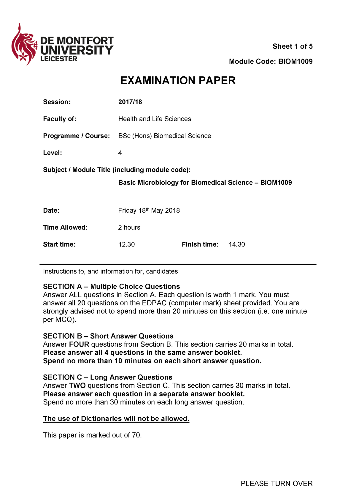 BIOM1009 - exam - Module Code: BIOM EXAMINATION PAPER Session: 2017 ...