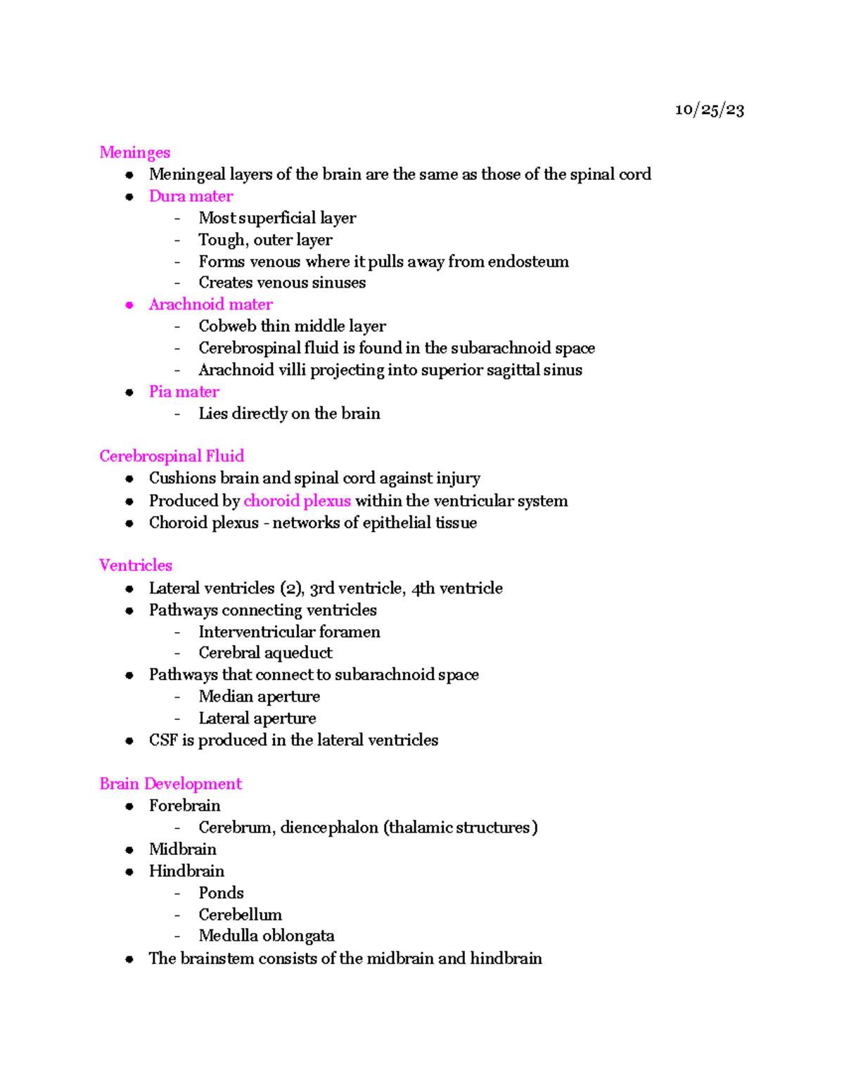 Lab 7 - Brain (Notes) - 10/25/ Meninges Meningeal layers of the brain ...