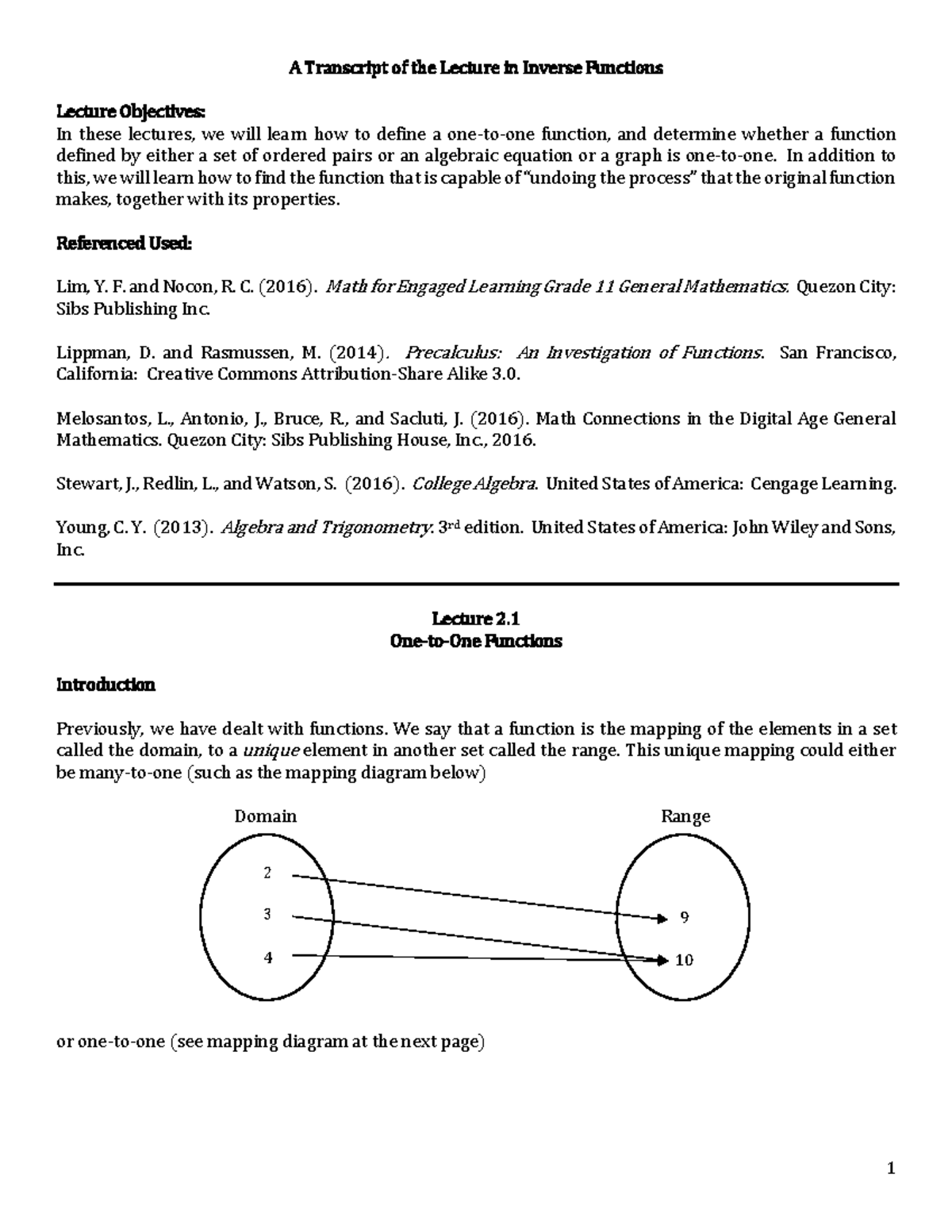 One to one - READ - A Transcript of the Lecture in Inverse Functions ...