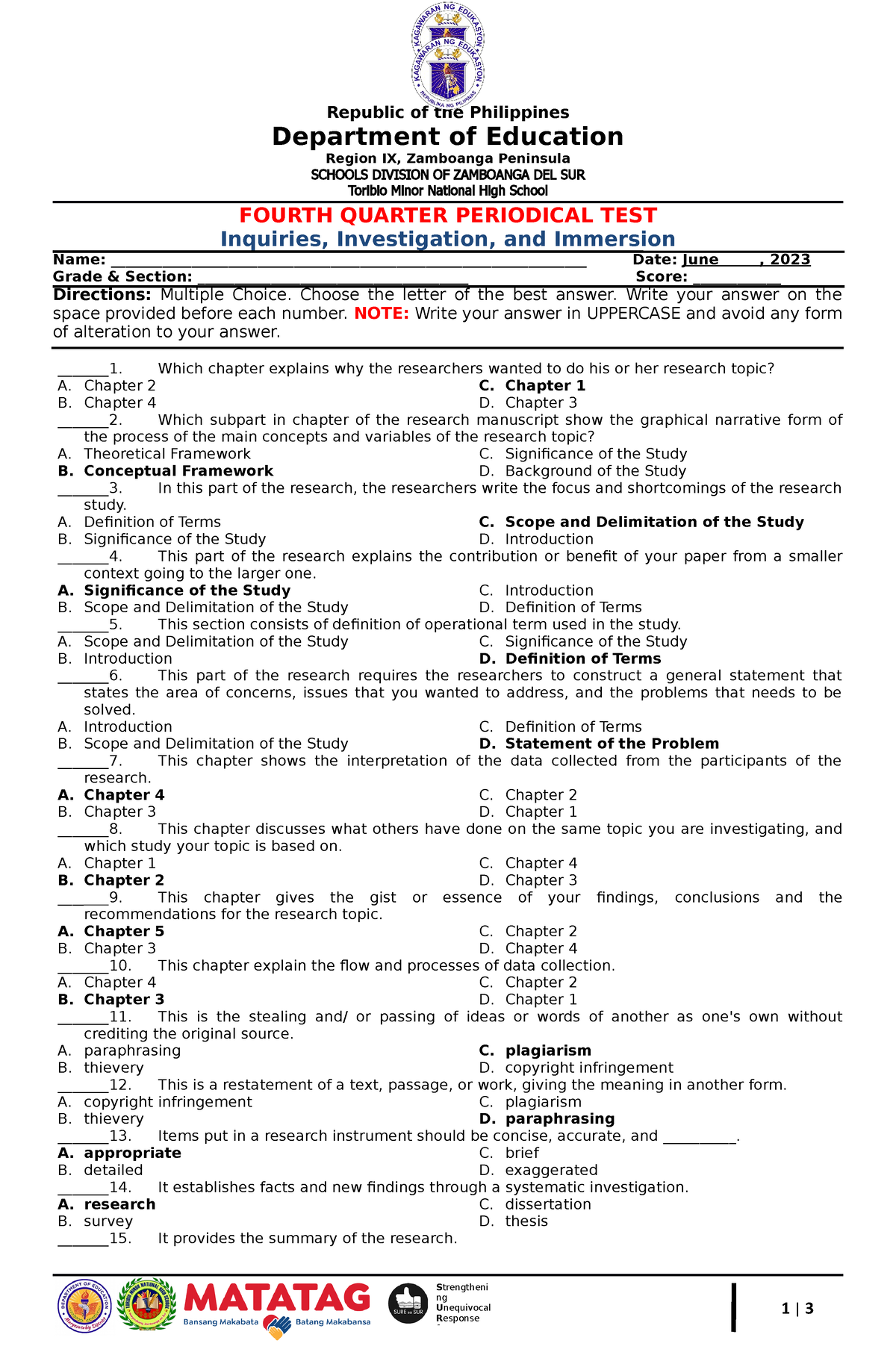 4th Periodical Test-Research - Republic Of The Philippines Department ...