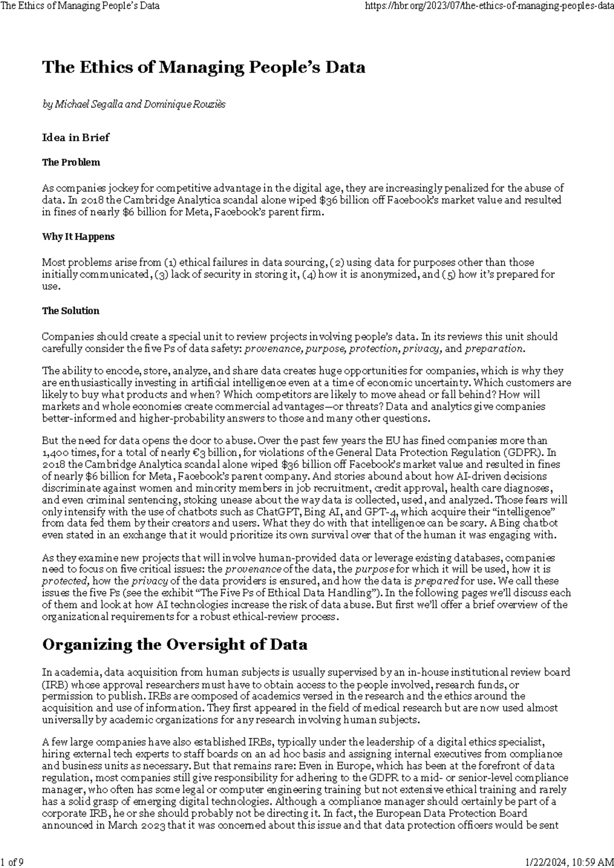 2023 Segalla The ethics of managing peoples data - The Ethics of ...