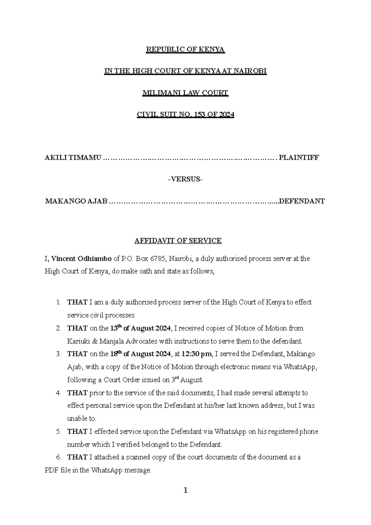 Affidavit OF Service REPUBLIC OF KENYA IN THE HIGH COURT OF KENYA AT