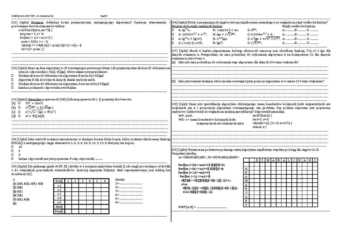 ASD 2021 Kolo B - Kolokwium 1 - Kolokwium ASD 2021, St. Stacjonarne ...