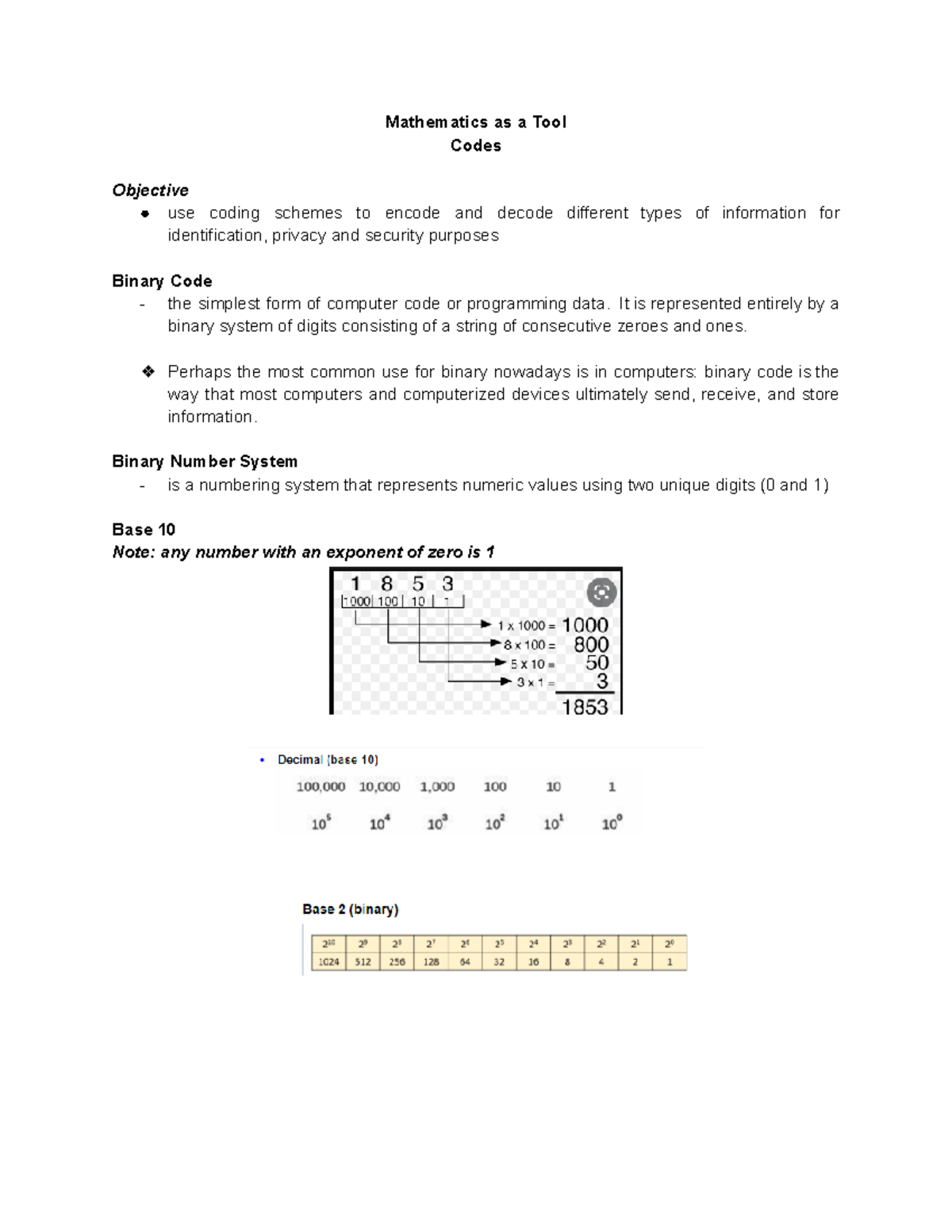 Mathematics as a Tool Mathematics as a Tool Codes Objective use