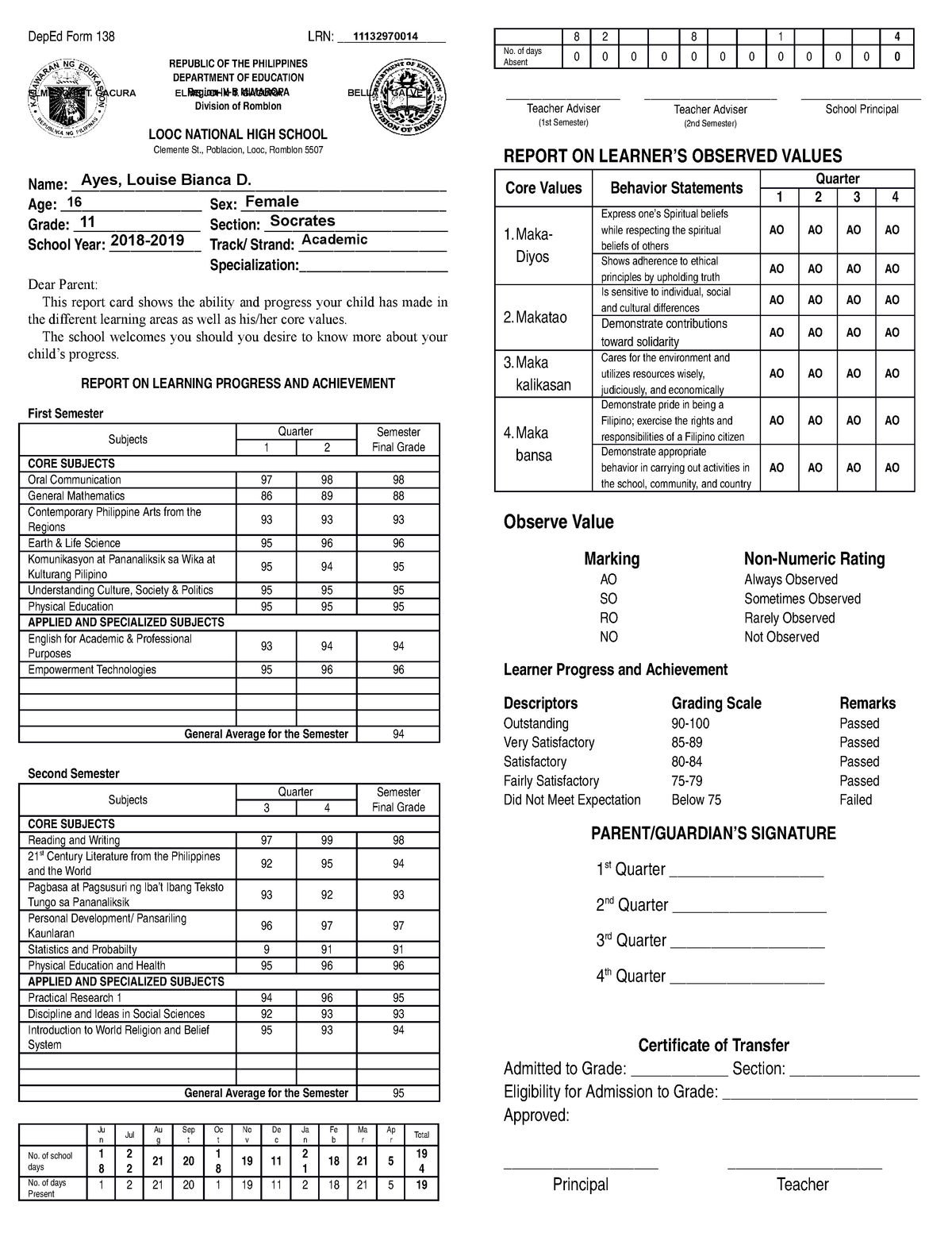 Form 138 Sample College