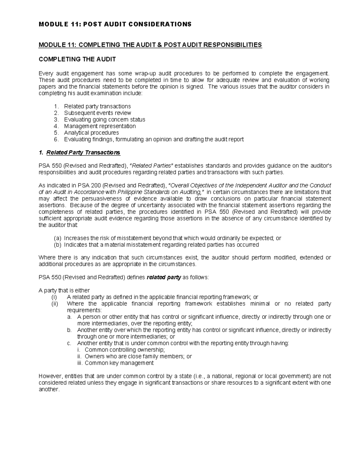 Module 11 Completing The Audit & Post Audit Responsibilities MODULE 11 POST AUDIT