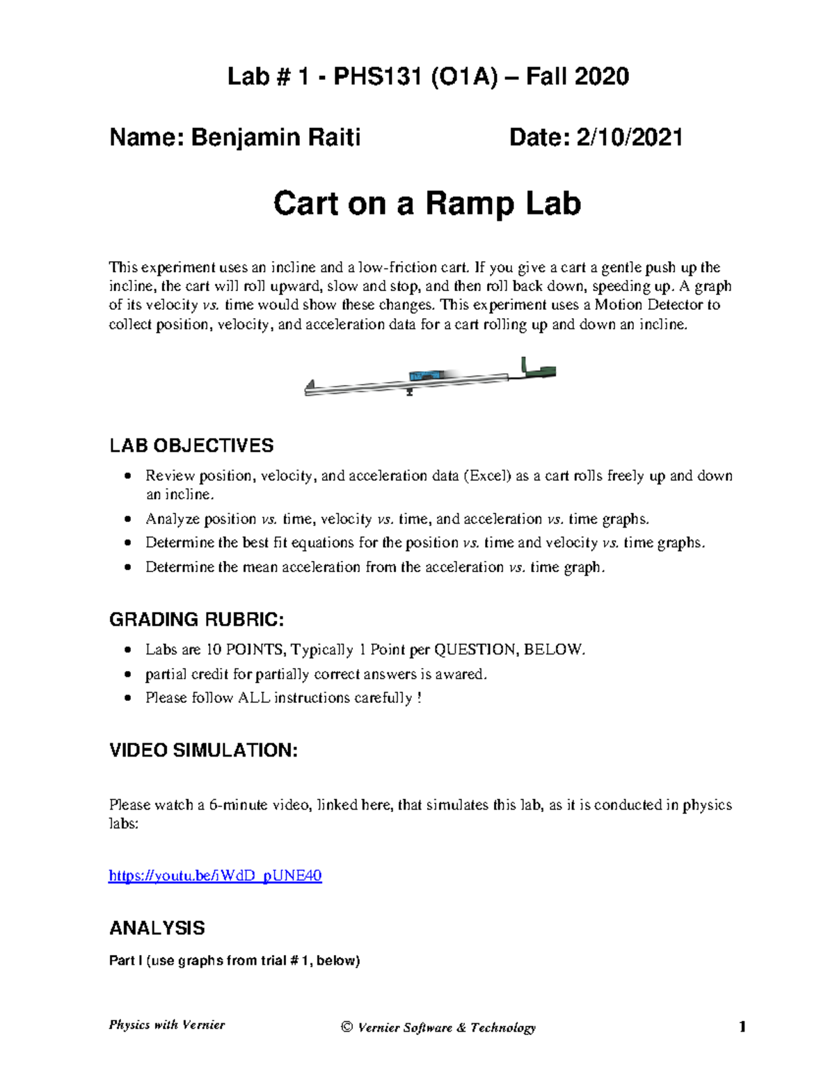 Lab 1 Cart On A Ramp Physics with Vernier © Vernier Software
