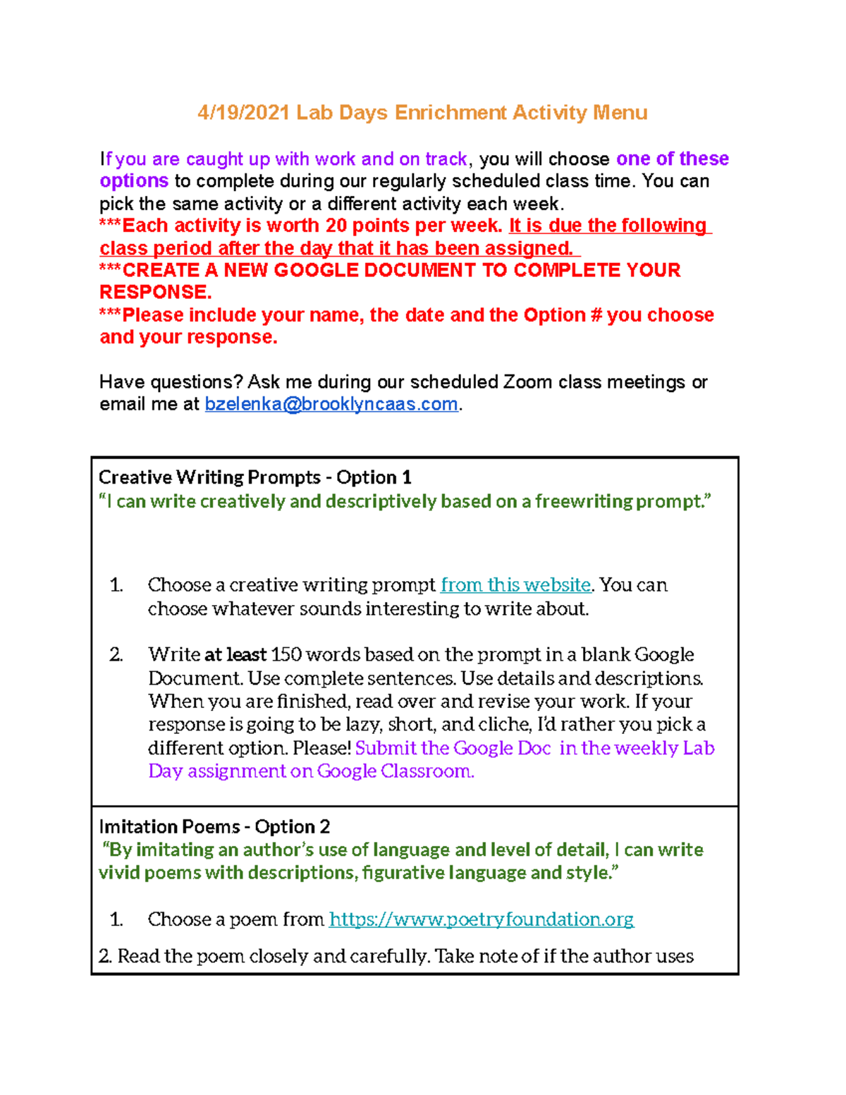 4 19 2021 Lab Days Enrichment Activity Menu - 4/19/2021 Lab Days ...