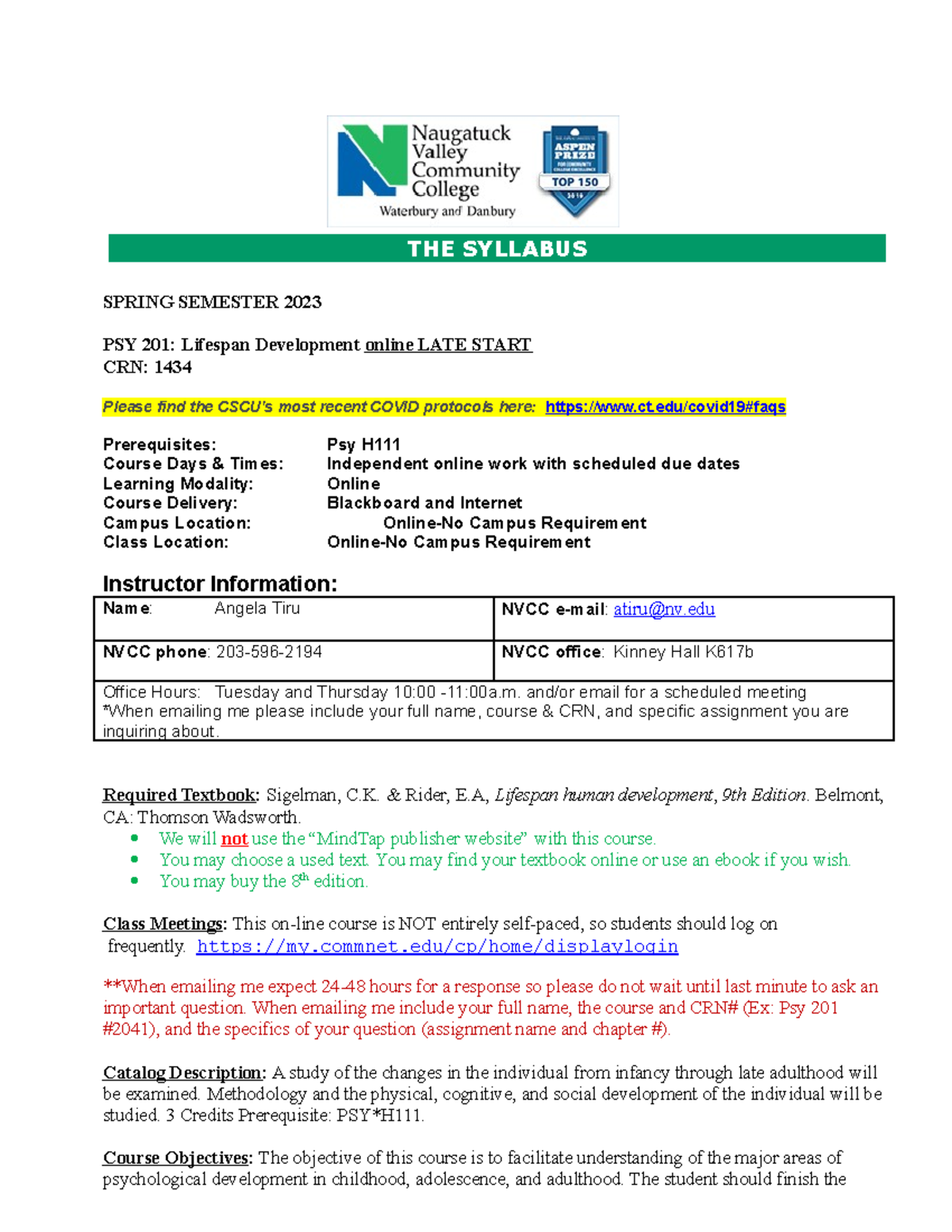 Psy 201 Syllabus - THE SYLLABUS SPRING SEMESTER 2023 PSY 201: Lifespan ...