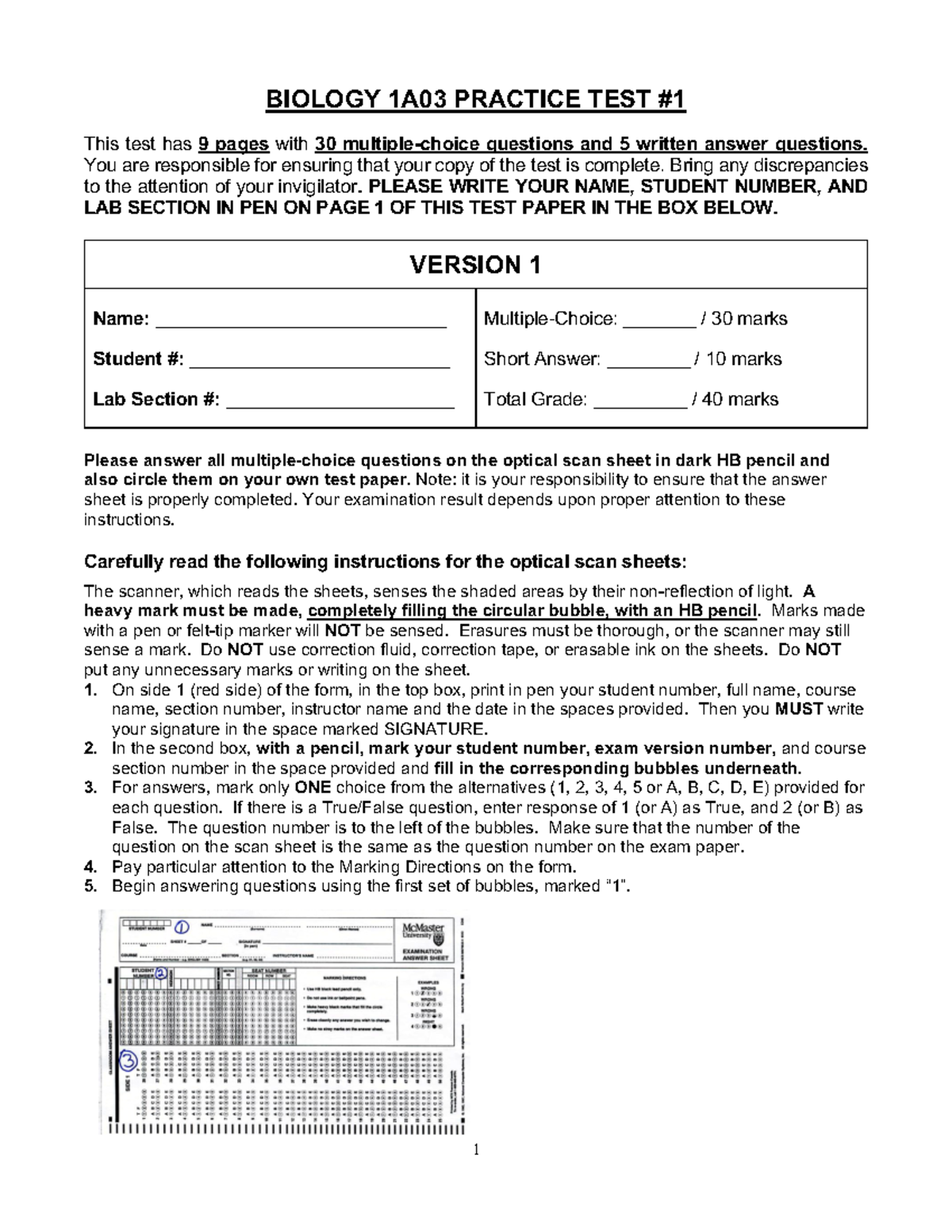 Biology 1A03 Practice Test 1 - 1 BIOLOGY 1A 03 PRACTICE TEST This test ...