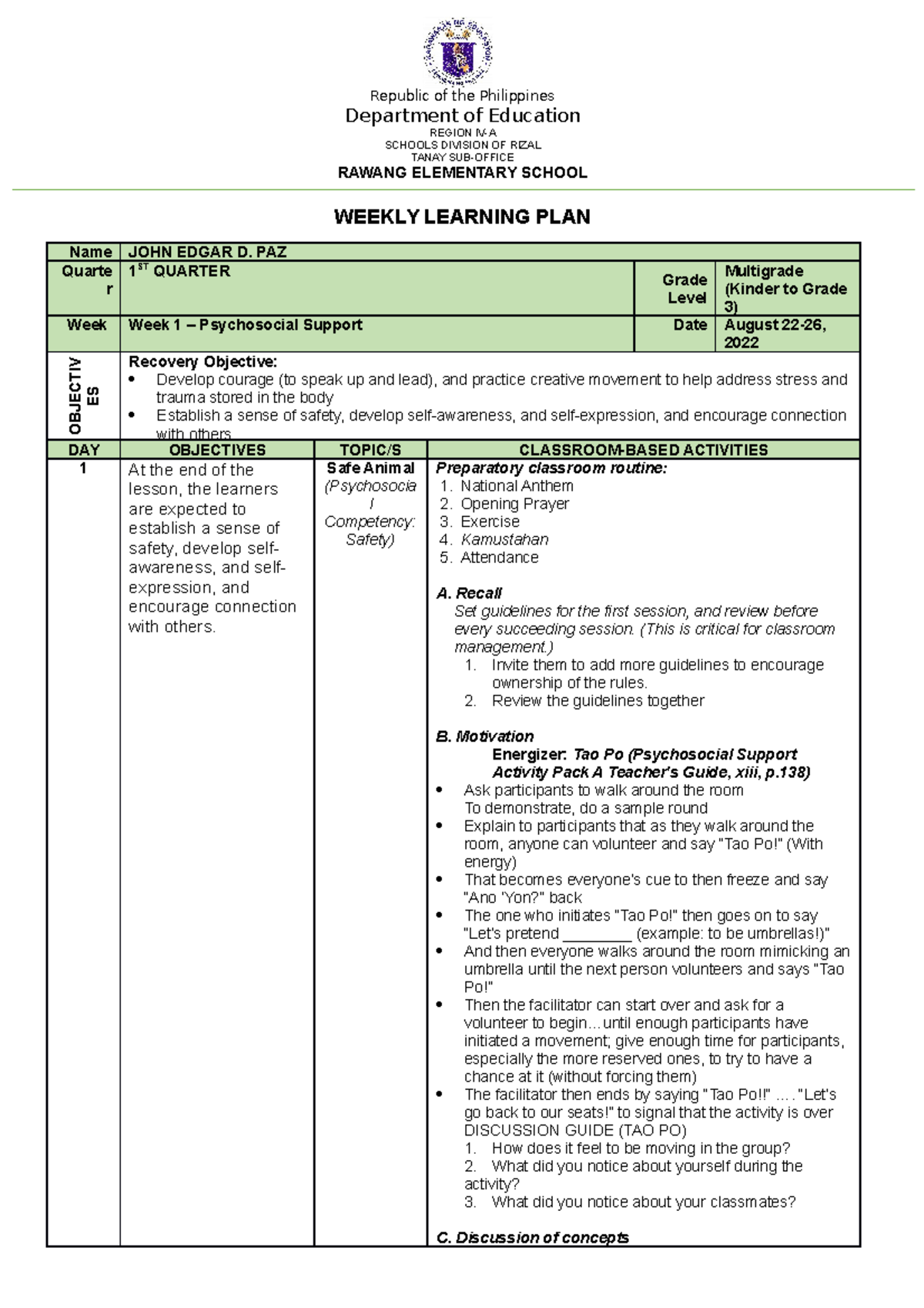 WLP WEEK 1 MG-K-3 - wweh - Republic of the Philippines Department of ...