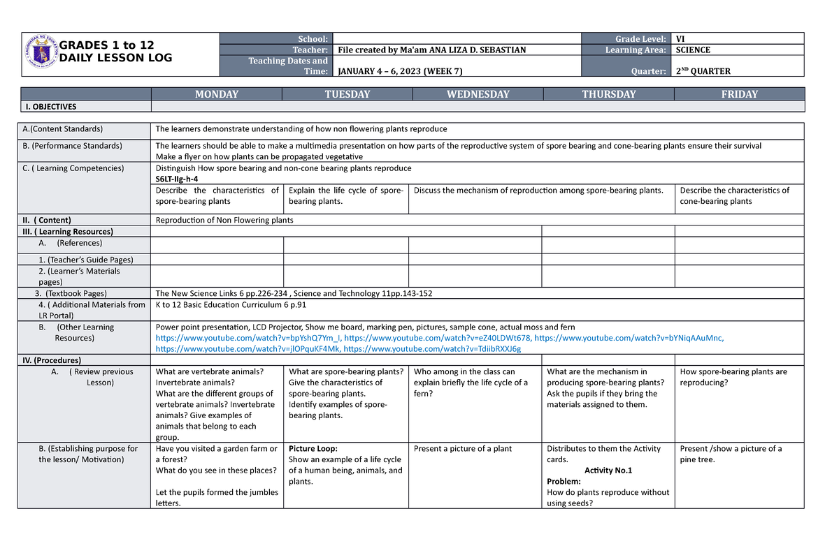 DLL Science 6 Q2 W7 - GRADES 1 To 12 DAILY LESSON LOG School: Grade ...