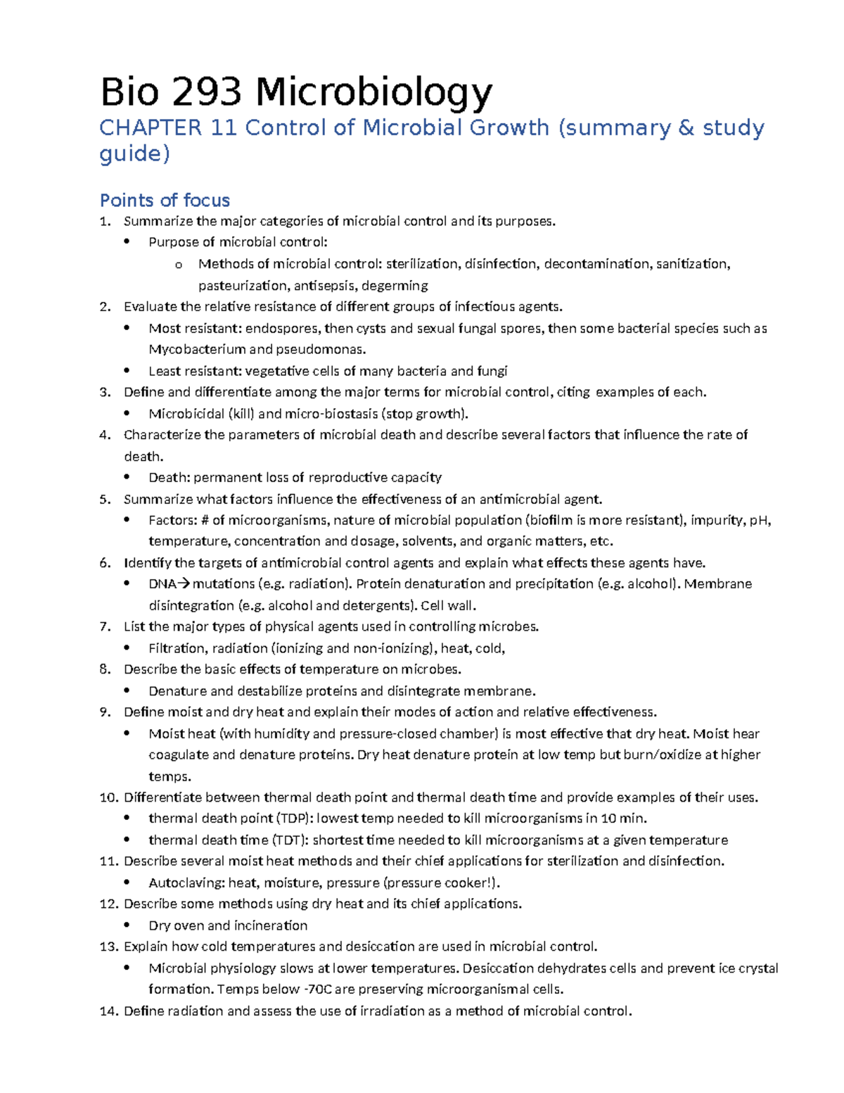 Ch11Control of Micrbial Growthstudyguide Bio 293 Microbiology