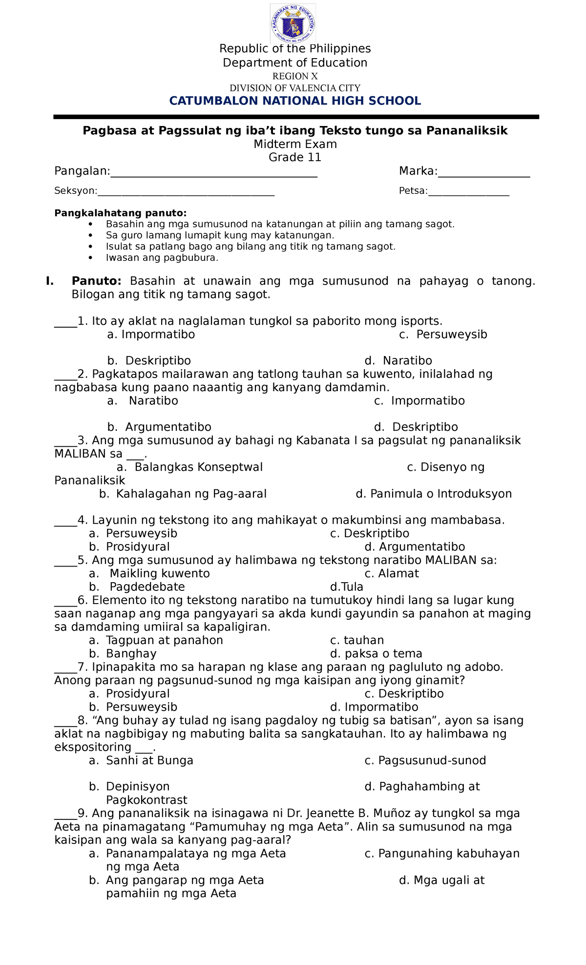 Grade 11 Midterm Exam 2nd Sem Filipino 1 - Republic Of The Philippines ...