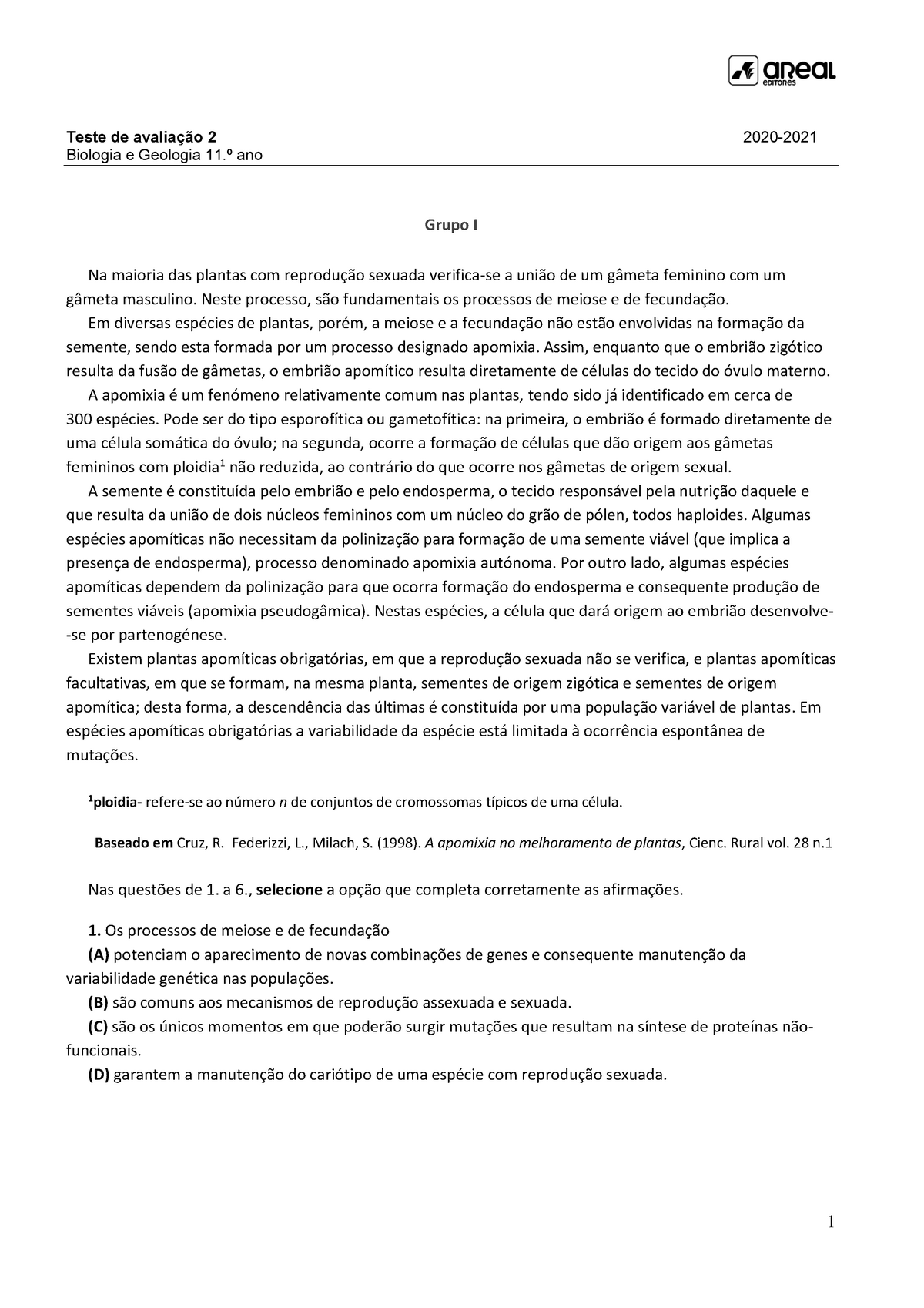 biologia e geologia teste avaliação nov ºano Teste de avaliação Biologia e