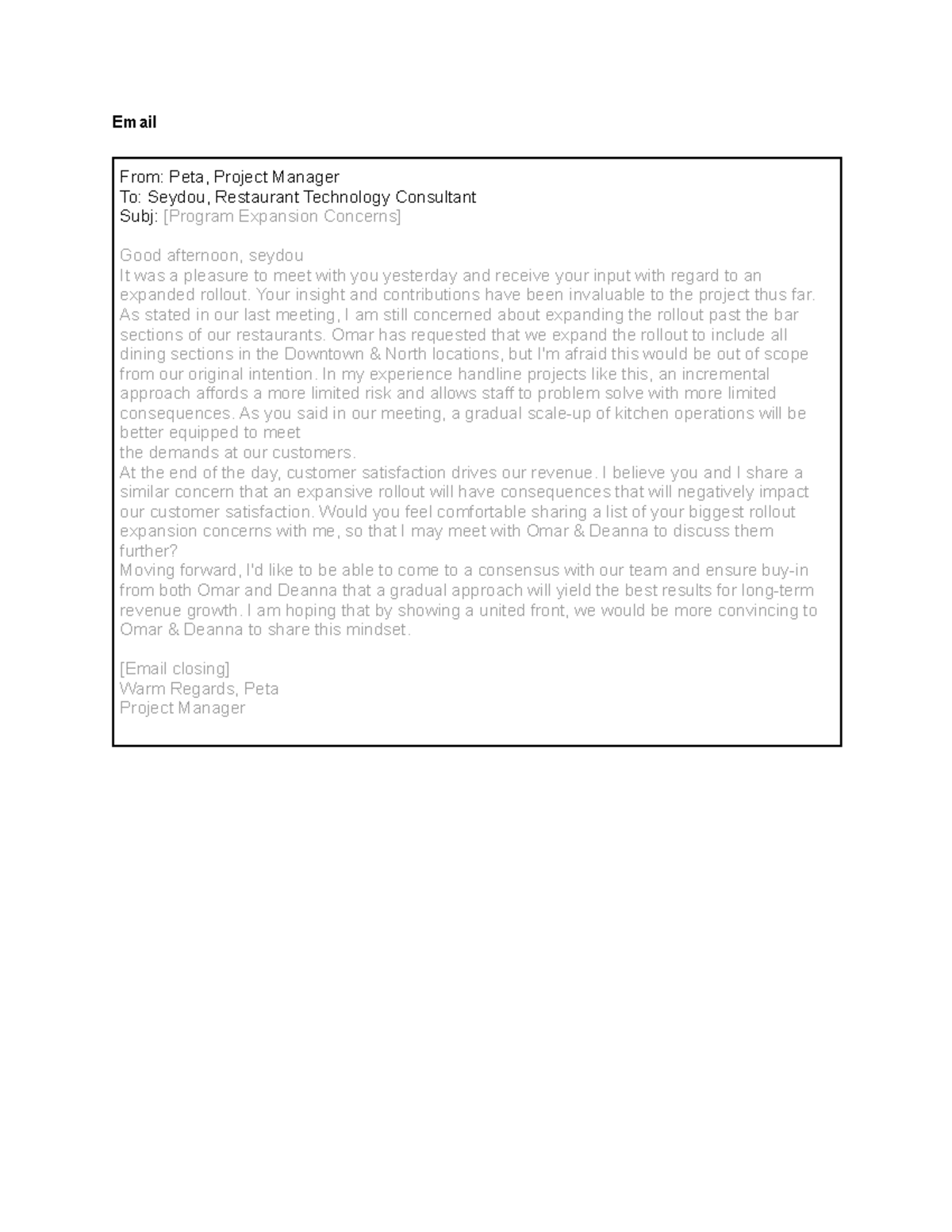 Activity Template Email Coalition - Email From: Peta, Project Manager ...