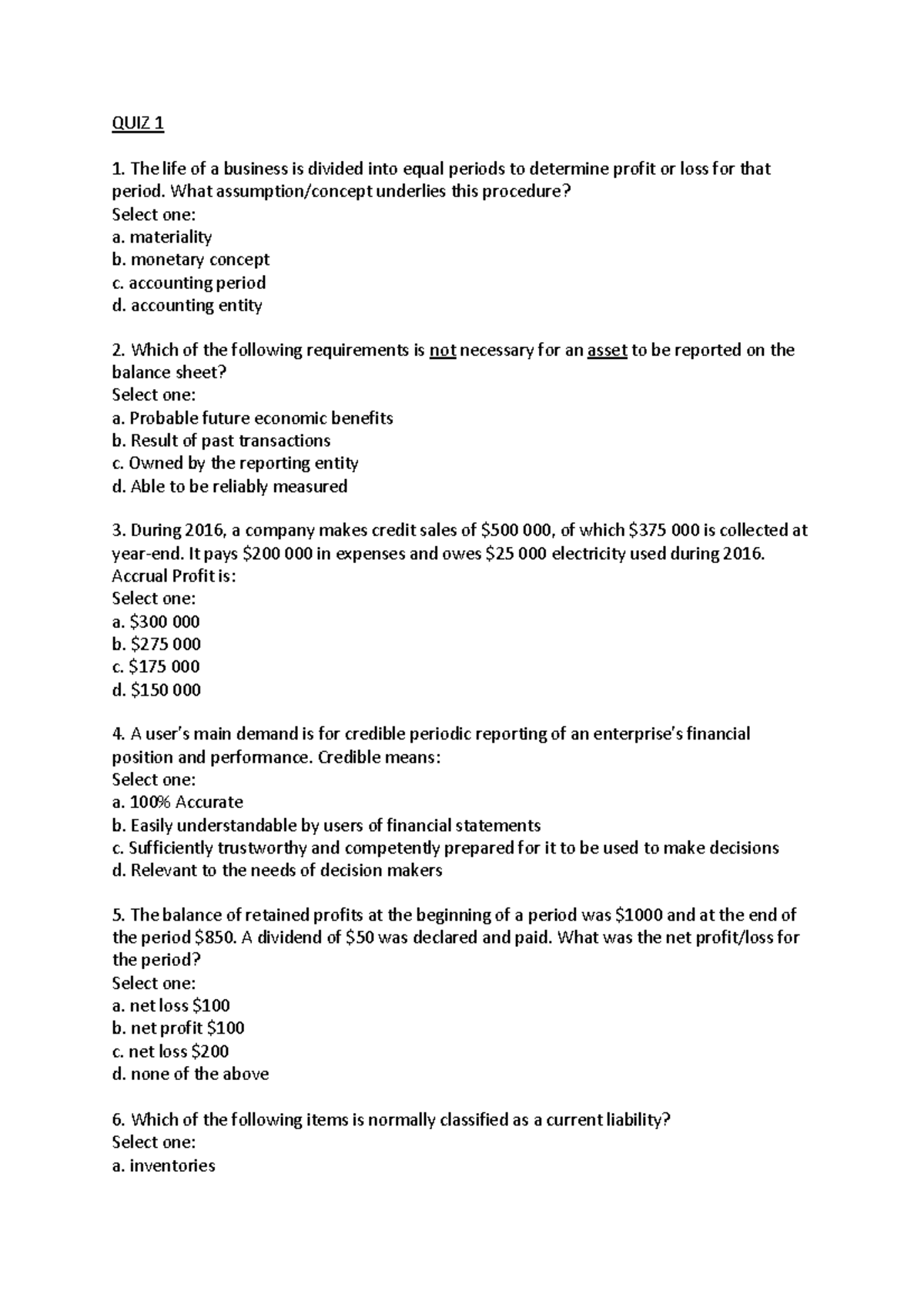 Quiz Question Bank for practice - Acct1501 - UNSW Sydney - Studocu