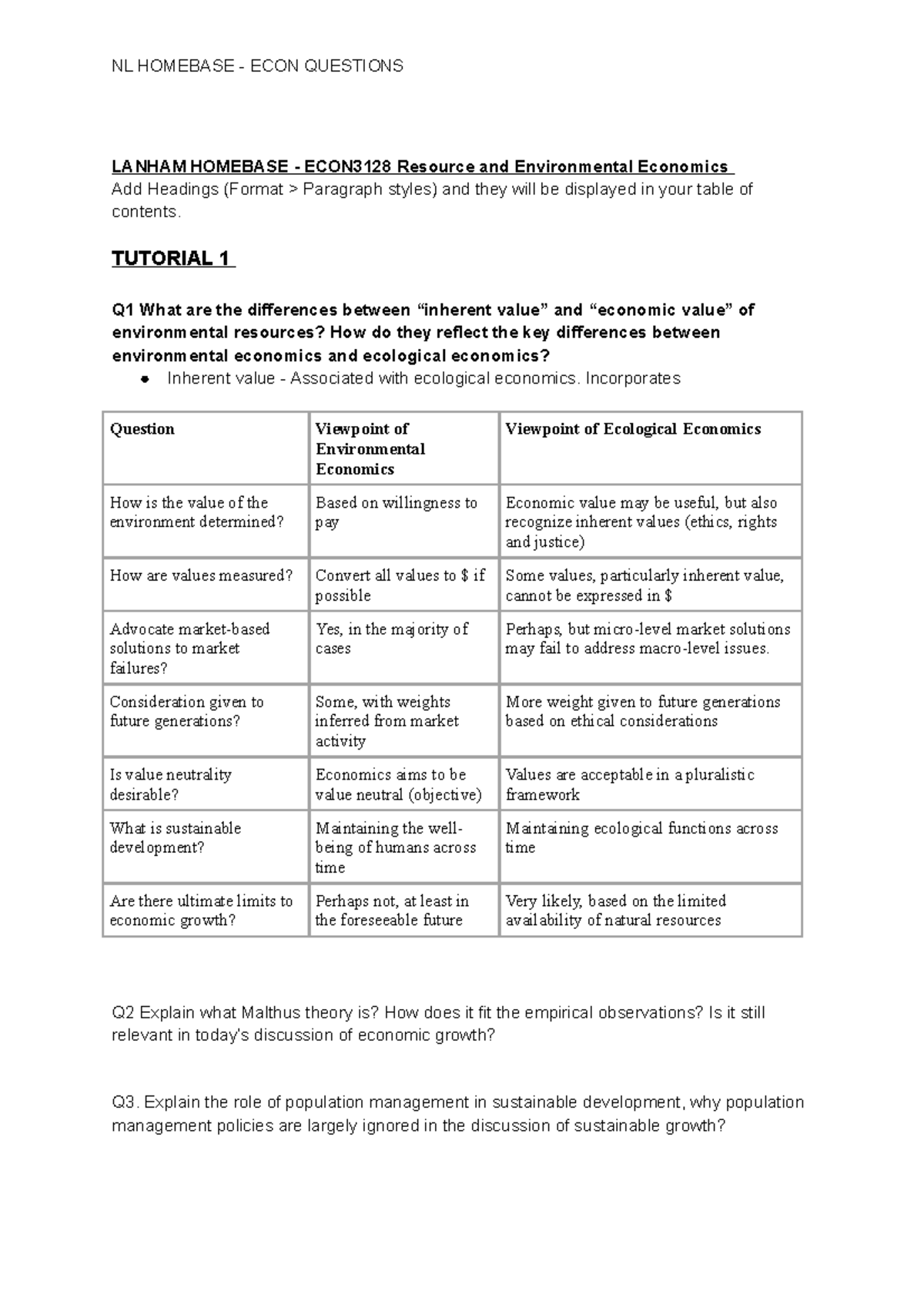 Tutorial Notes NL HOMEBASE ECON QUESTIONS LANHAM HOMEBASE