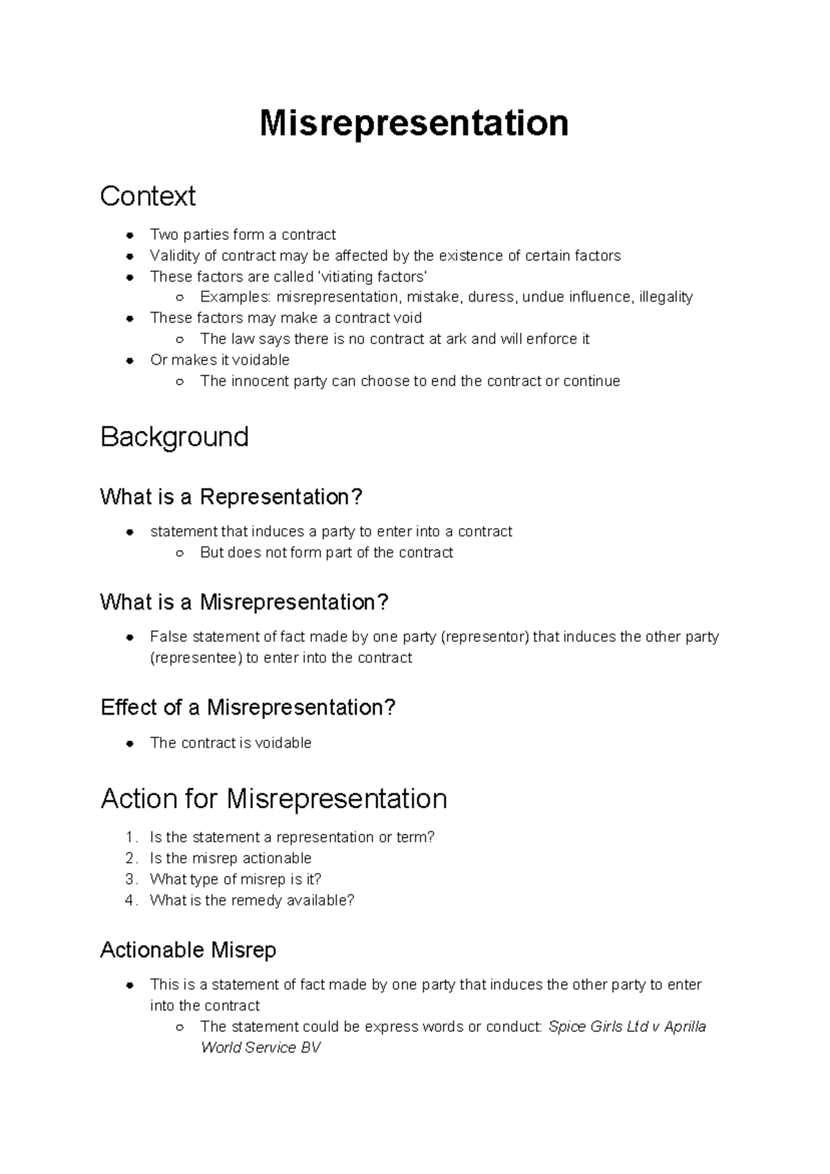 Lecture 6 Contract 2 - Misrepresentation - Misrepresentation Context ...