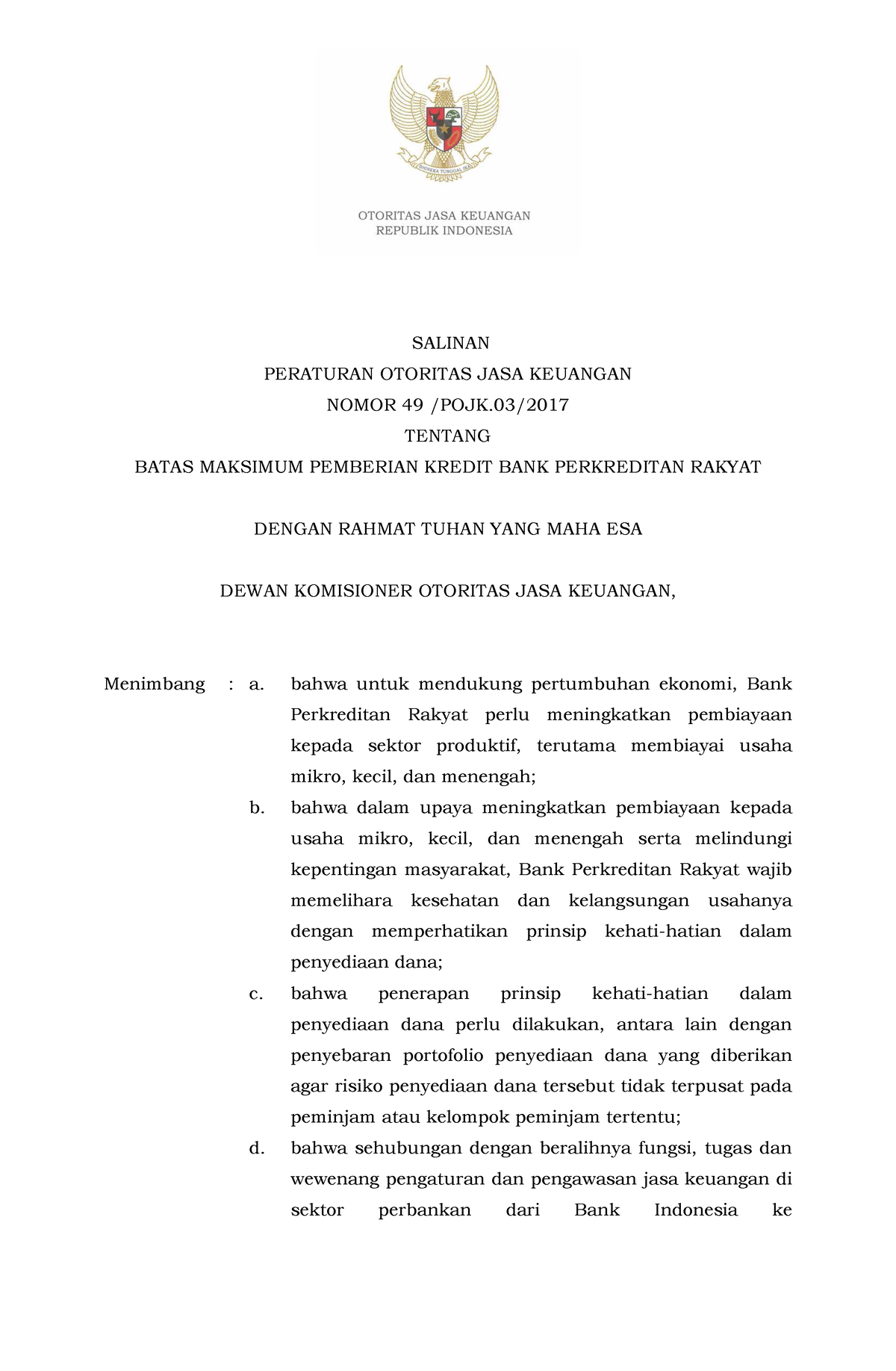 POJK+49-POJK.03-2017 +Batas Maksimum Pemberian Kredit Bank Perkreditan