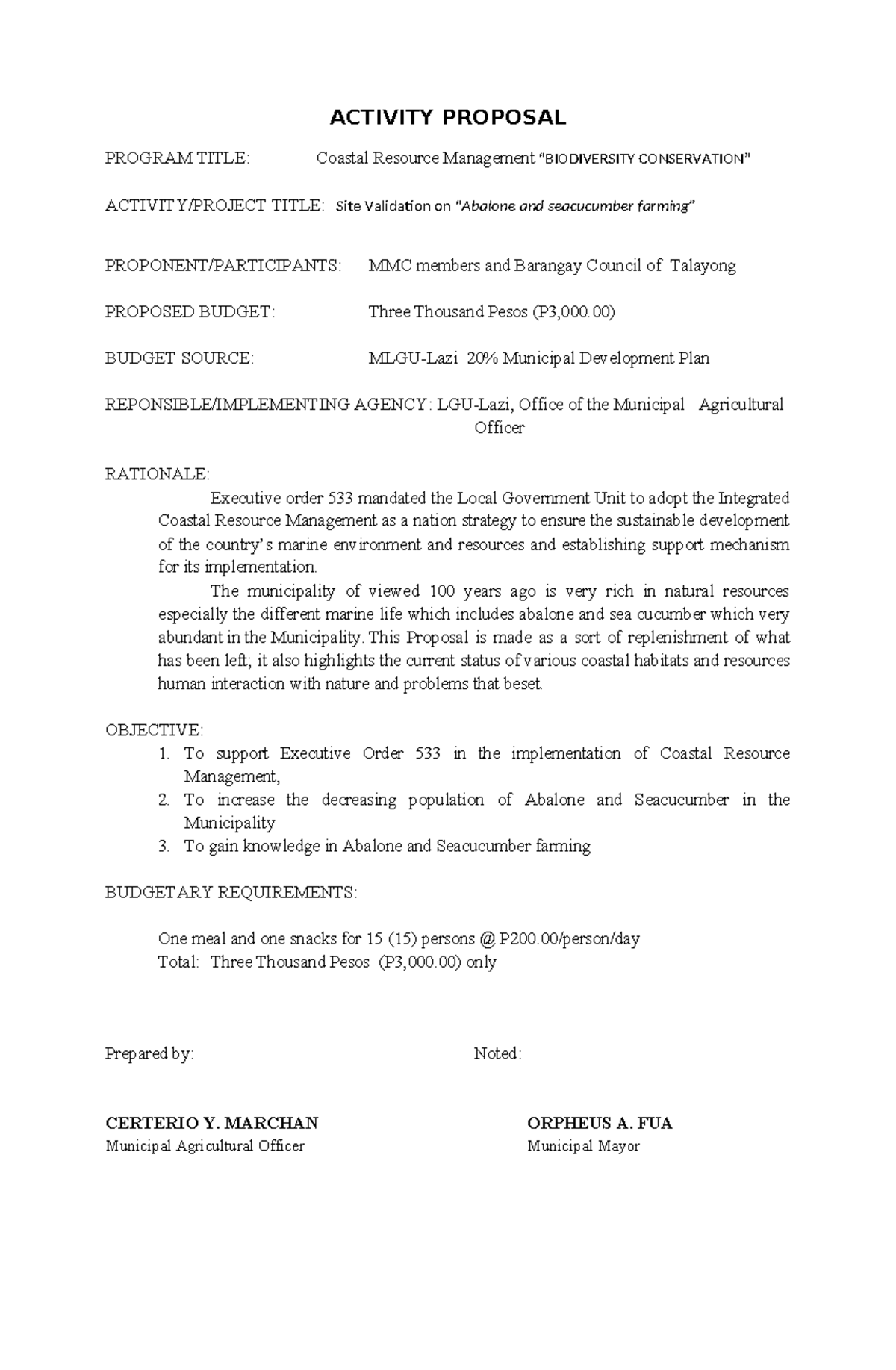 Activity Proposal biocon - ACTIVITY PROPOSAL PROGRAM TITLE: Coastal ...