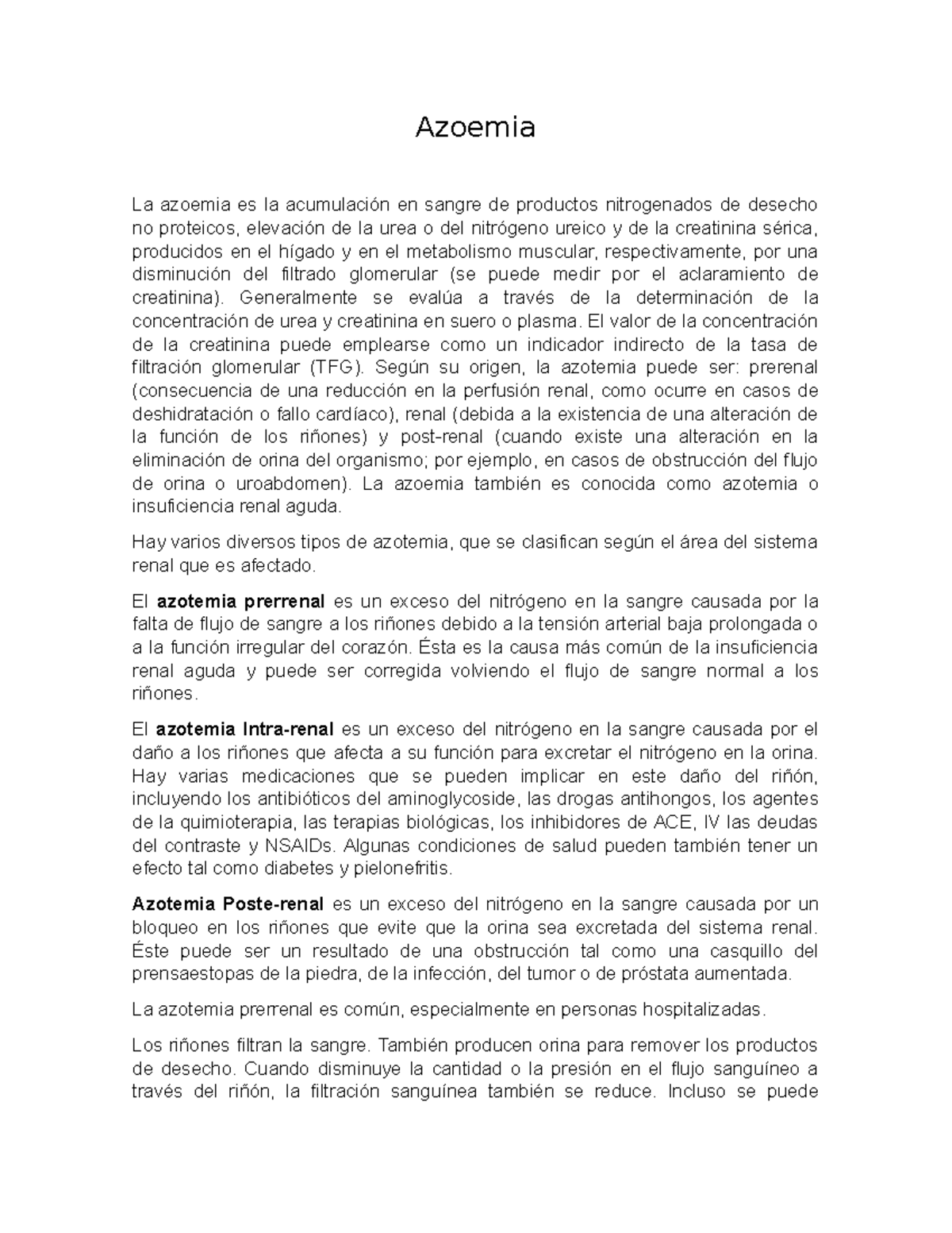 Azoemia ensayo - Azoemia La azoemia es la acumulación en sangre de ...