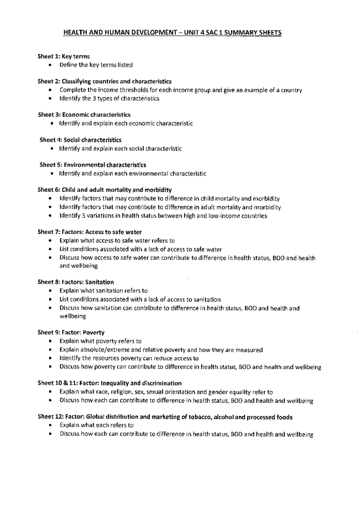 HHD Unit 4 SAC 1 summary sheets - Studocu