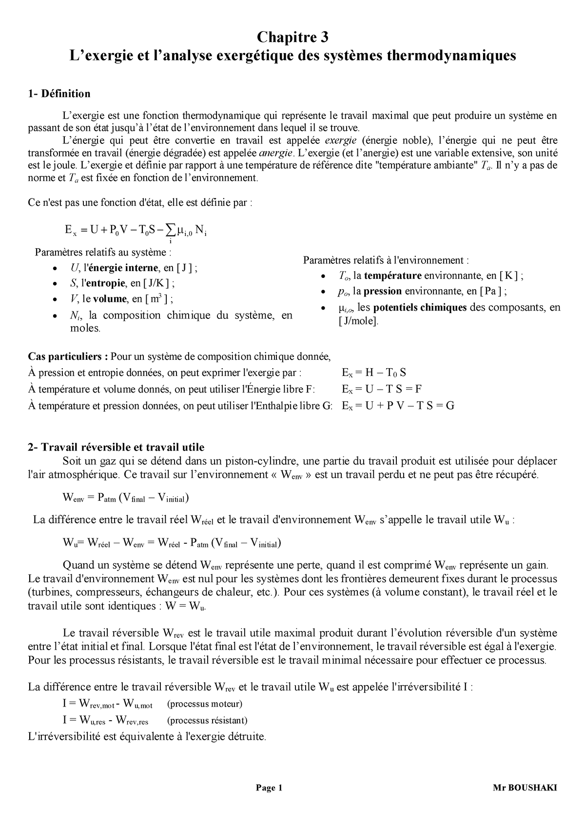 Chap3 Exergie Et Analyse Exergétique Des Systèmes Thermodynamiques ...