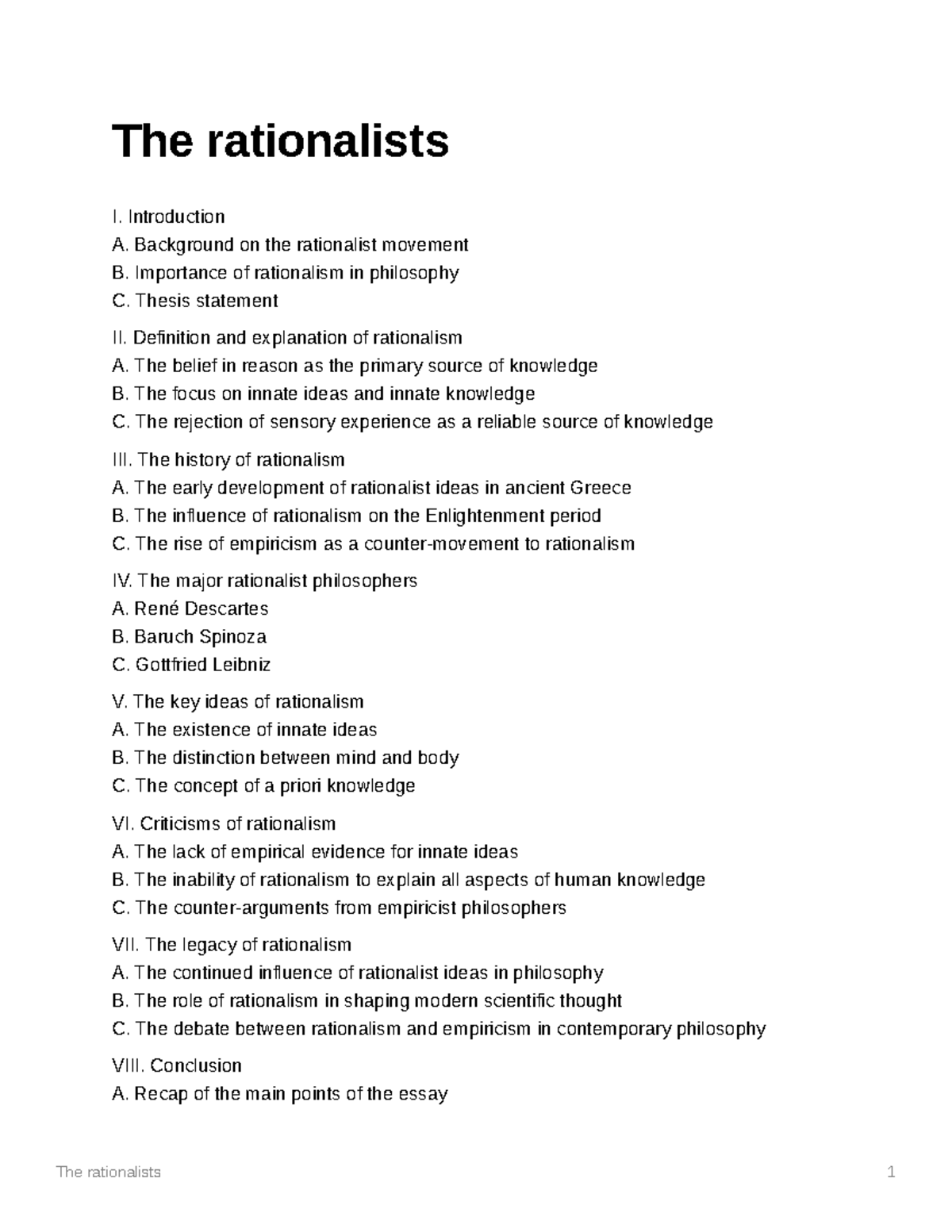 The rationalists - Outline for essay - The rationalists 1 The ...