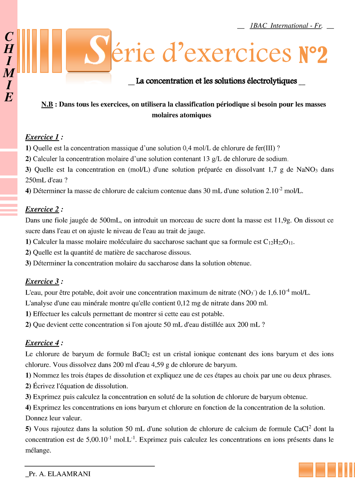 La Concentration Et Les Solutions Electrolytiques Exercices Non ...