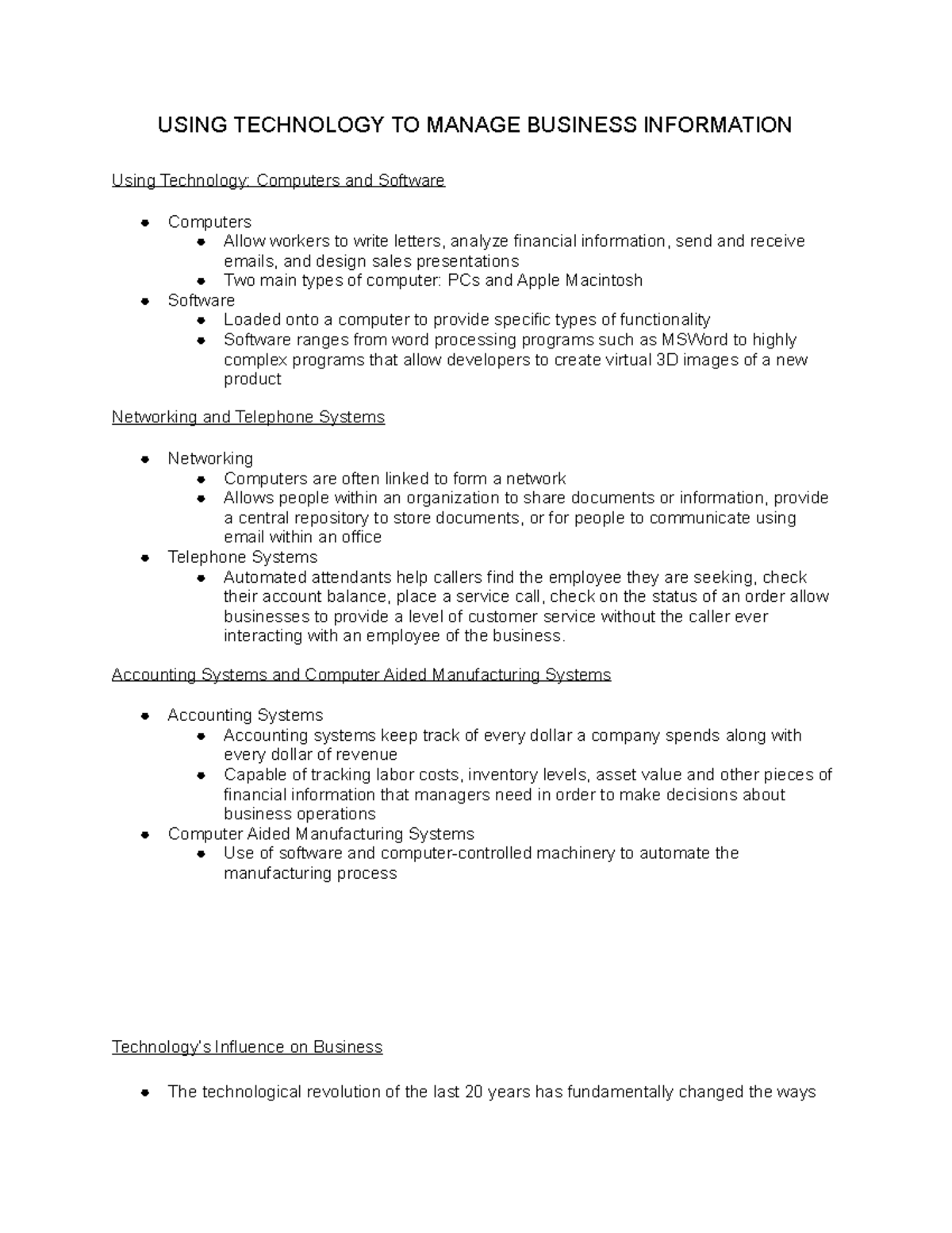 Intro To Business Chapter 17 Part 1 Notes - USING TECHNOLOGY TO MANAGE ...