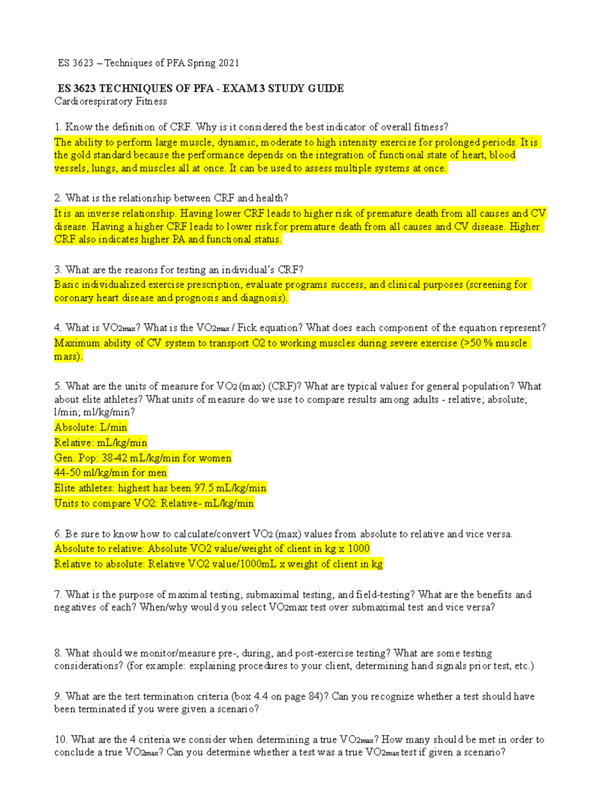 Kinesiology Exam 3 study guide ES 3623 Techniques of PFA Spring