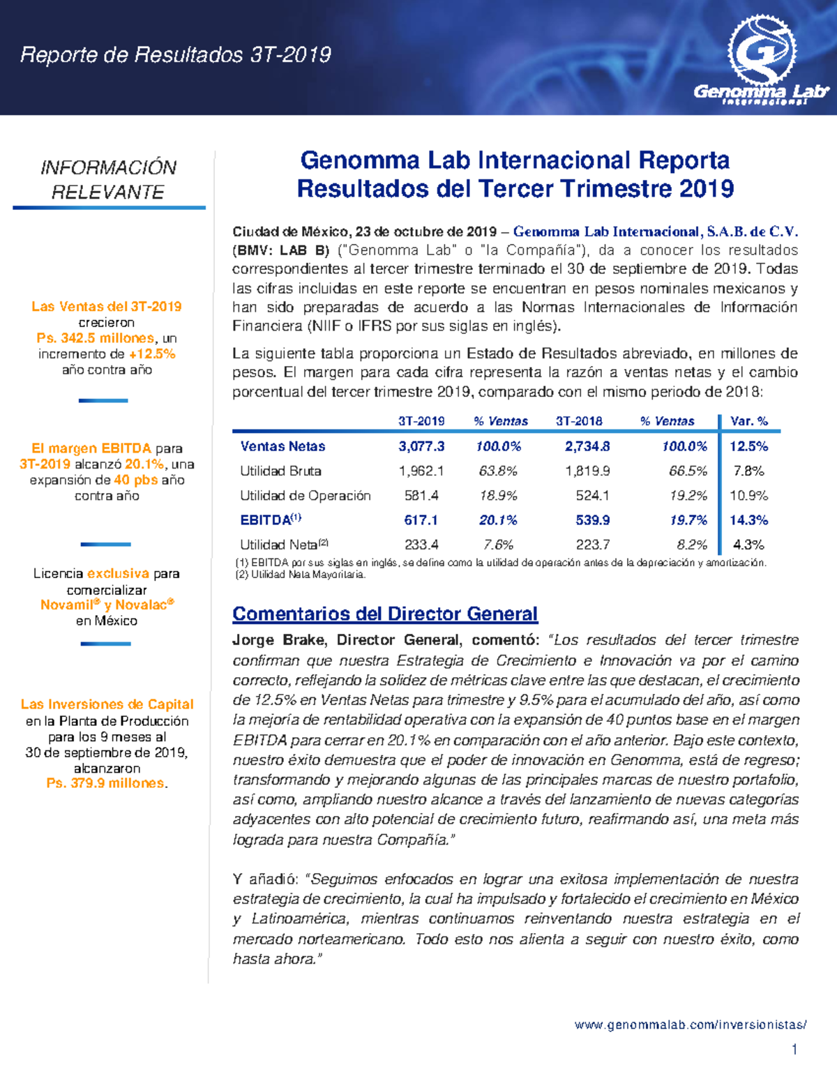 A#6 Genomma-LAB- Reporte-DE- Resultados-3T-2019 - Contabilidad ...