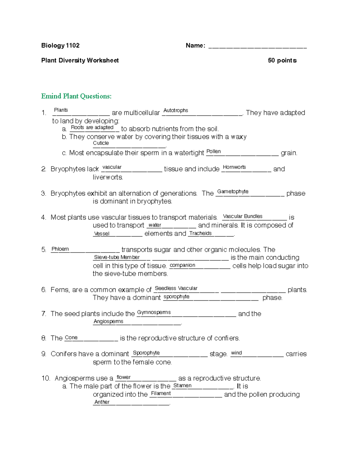 Plant_Diversity_Lab_Worksheet - Biology 1102 Name ...