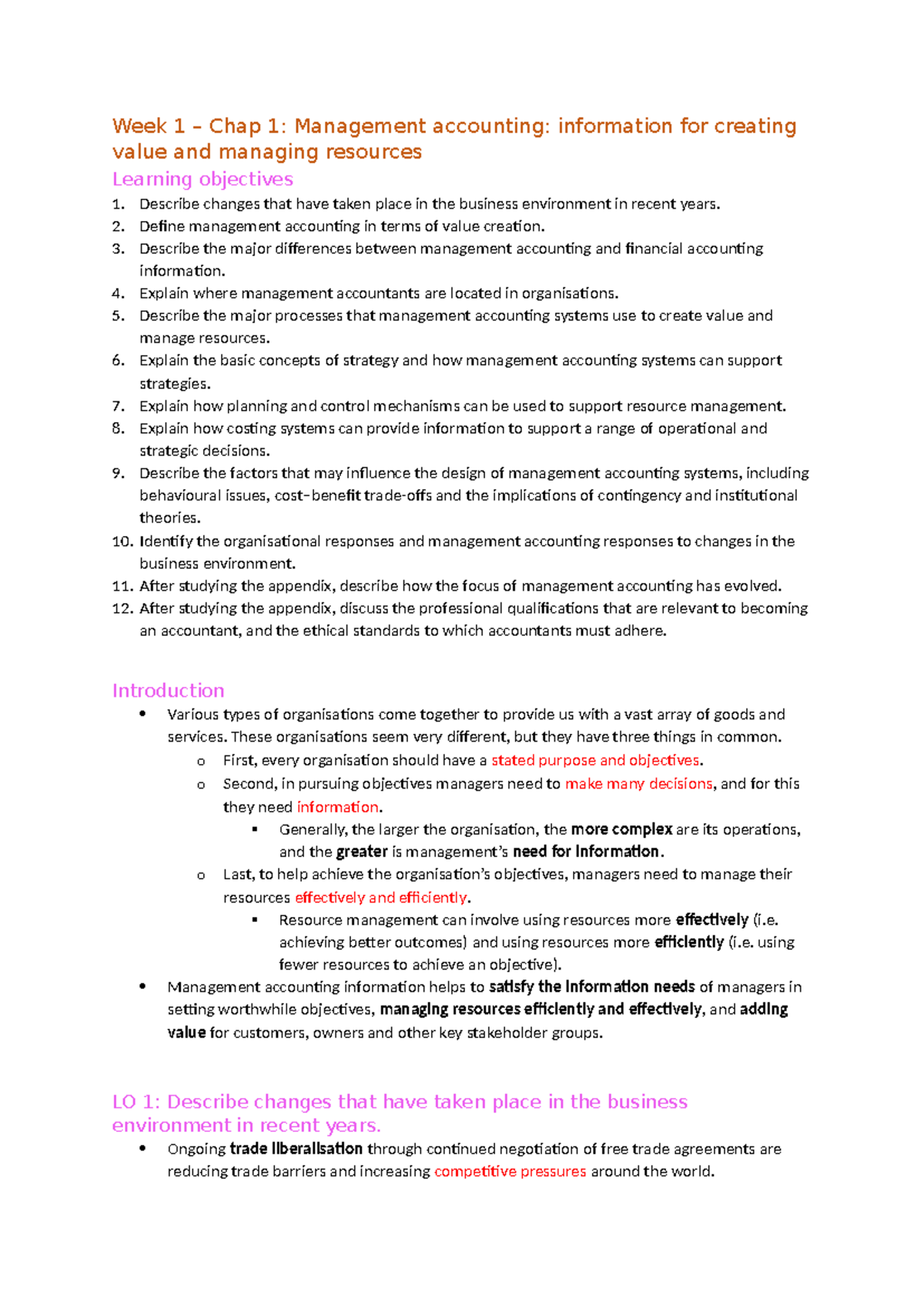 Acc2706 notes - textbook - Week 1 – Chap 1: Management accounting ...