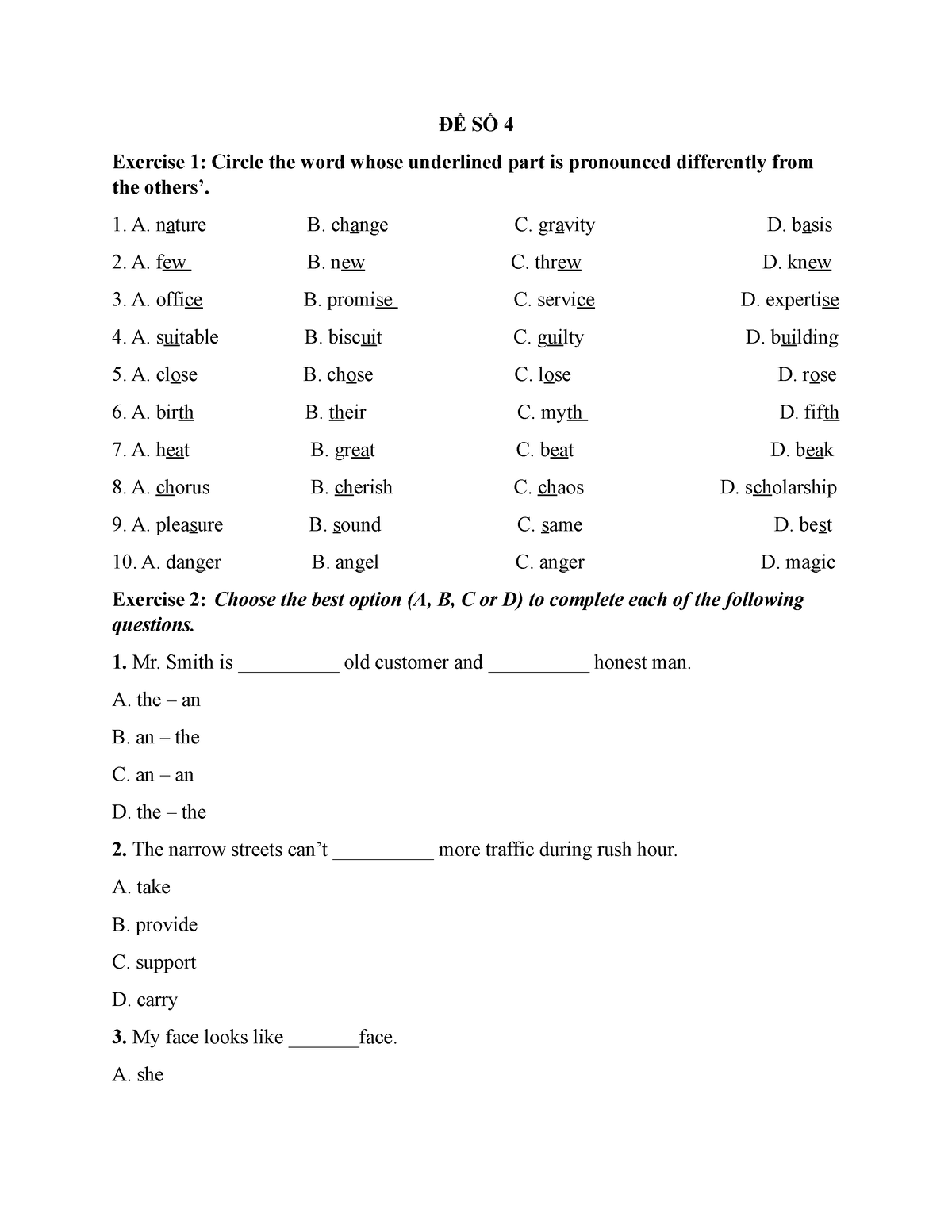 ĐỀ SỐ 4 - Mock Test - ĐỀ SỐ 4 Exercise 1: Circle The Word Whose ...