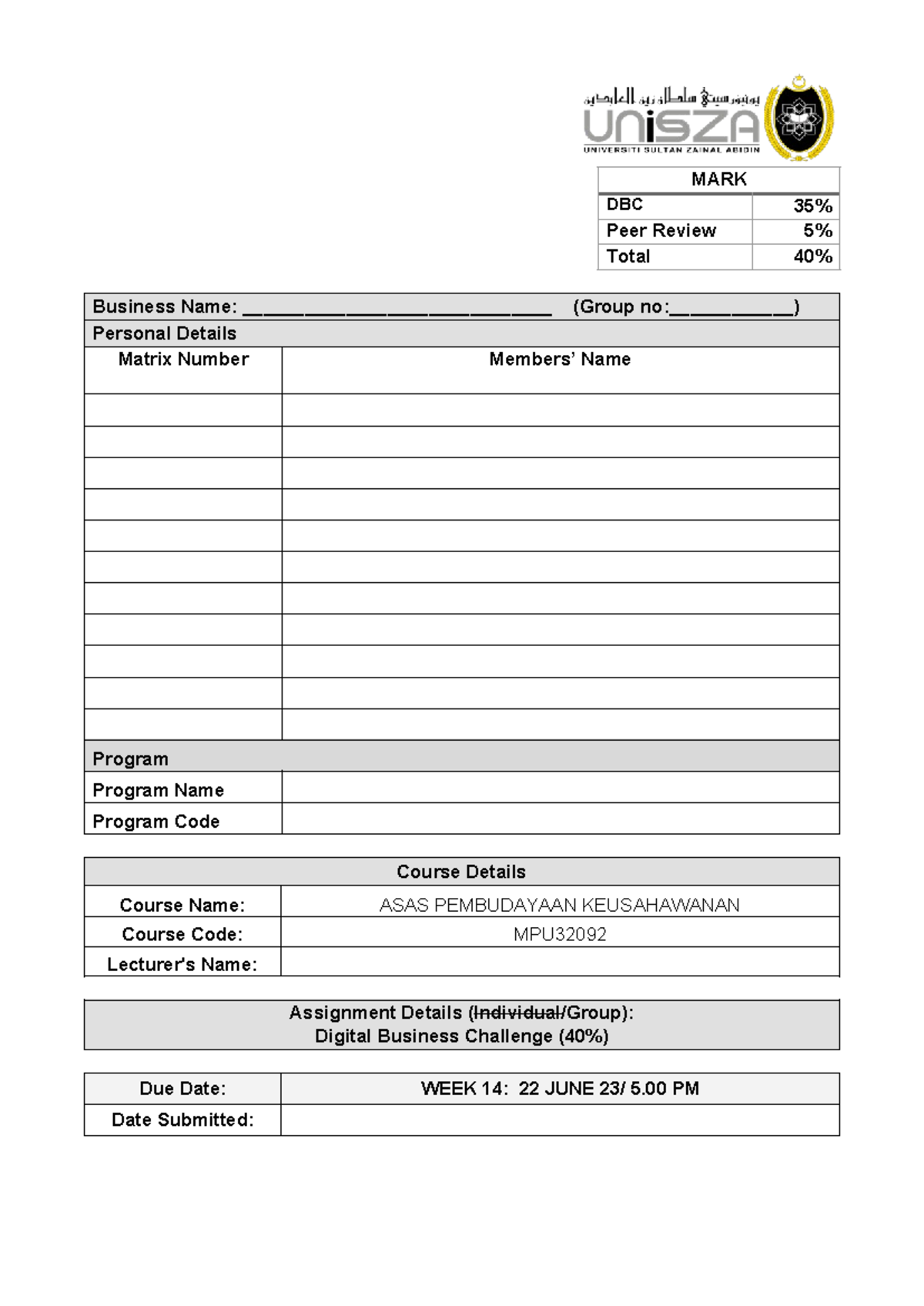 2) Templete Assignment T2 - DBC (6 MAC 24) - MARK DBC 3 5% Peer Review ...